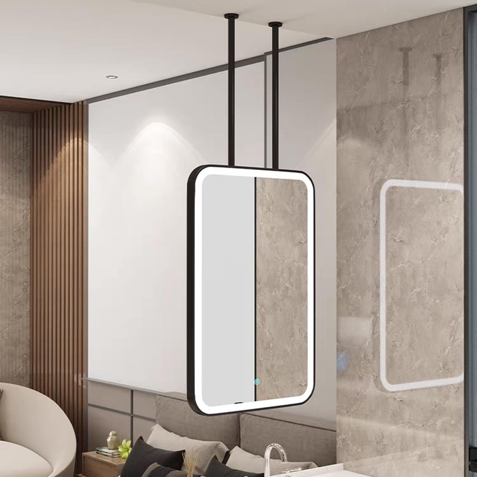 FGXHHS Rectangle with LED Lights，Ceiling Hanging Suspended Mirrors Metal Framed Wall 3 Colours Dimmable，Floating Illuminated Vanity Makeup Mirrors(40cmx60cm)