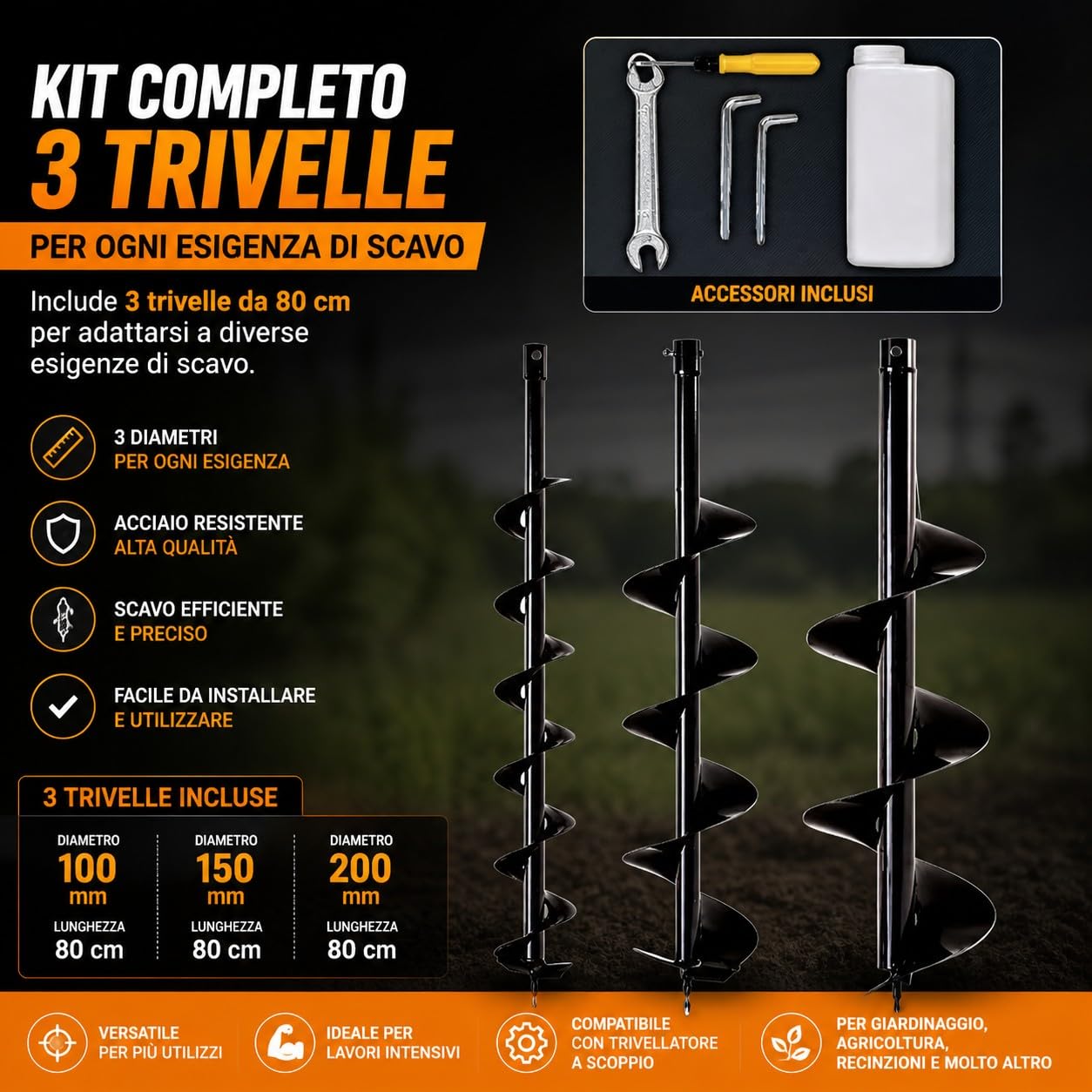Mototrivella a Scoppio 52cc 1.45kW 7500RPM Avviamento Facile Elettrico + Manuale con 3 Punte intercambiabili da Ø 100, 150, 200 mm Trivella da Giardino e campi, Utilizzo Professionale e Fai da