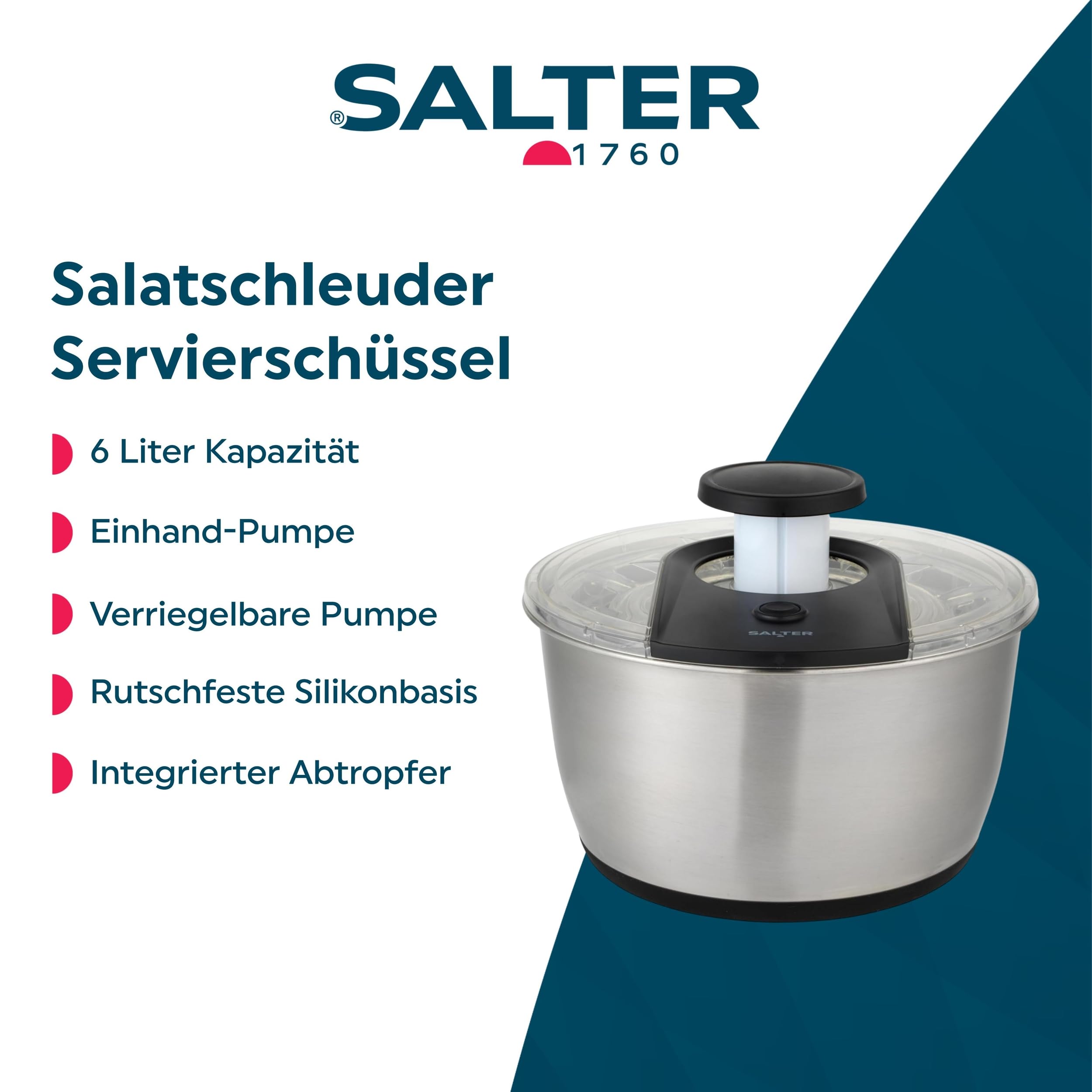 Salter Expert Salatschleuder – 6 Liter, Doppelfunktions-Schüssel mit Abtropfer, Waschen, Trocknen & Servieren, Salattrockner, Verriegelbare Pumpe für einfache Lagerung, Rutschfester Boden