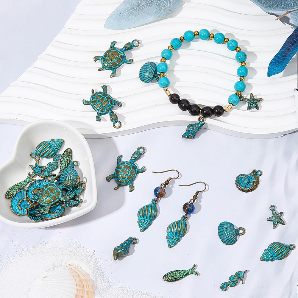 SUNNYCLUE 1 Box 32Pcs 8 Styles Conch Shell Charm Seahorse Charms Bulk Metal Antique Bronze Turquoise Ocean Animal Starfish Fish Sea Turtle Pendants for Jewelry Making Necklace Bracelet Earring Crafts - Image 4