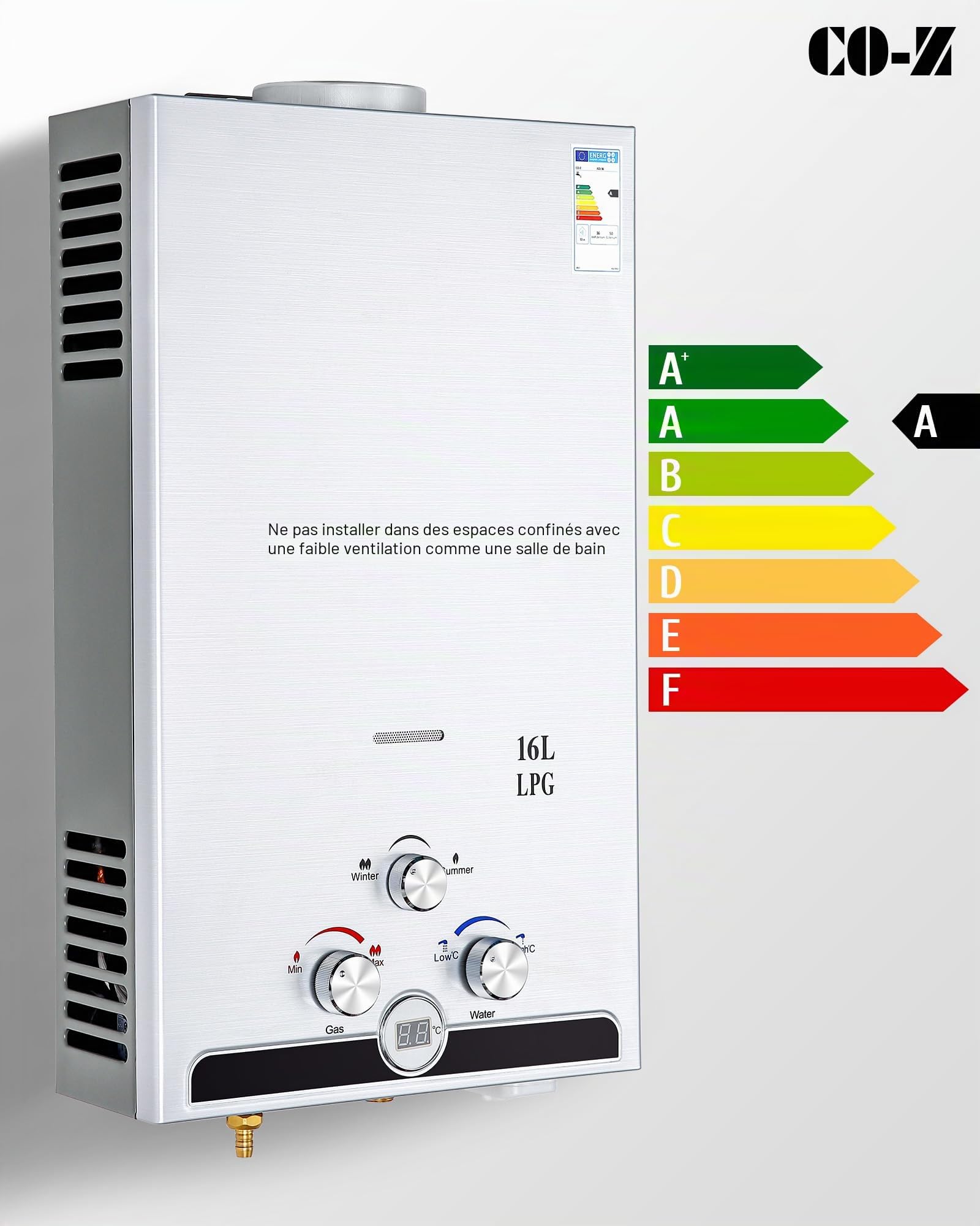 CO-Z Chauffe-Eau à Gaz Instantané 16LPM 27,2kW LPG GPL au Butane Propane avec Modes Hiver et Eté Sans Réservoir en Acier Inoxydable CE Certifié Portable pour Maison Camping Caravane