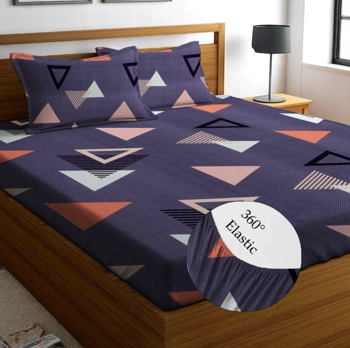 Cotton Feel Glace Cotton Elastic Fitted Printed King Size Double Bed Bedsheet with 2 Pillow Covers and Fits Upto 8 inches Mattress, Size- 72"x78" Saffro 4859-picture-14