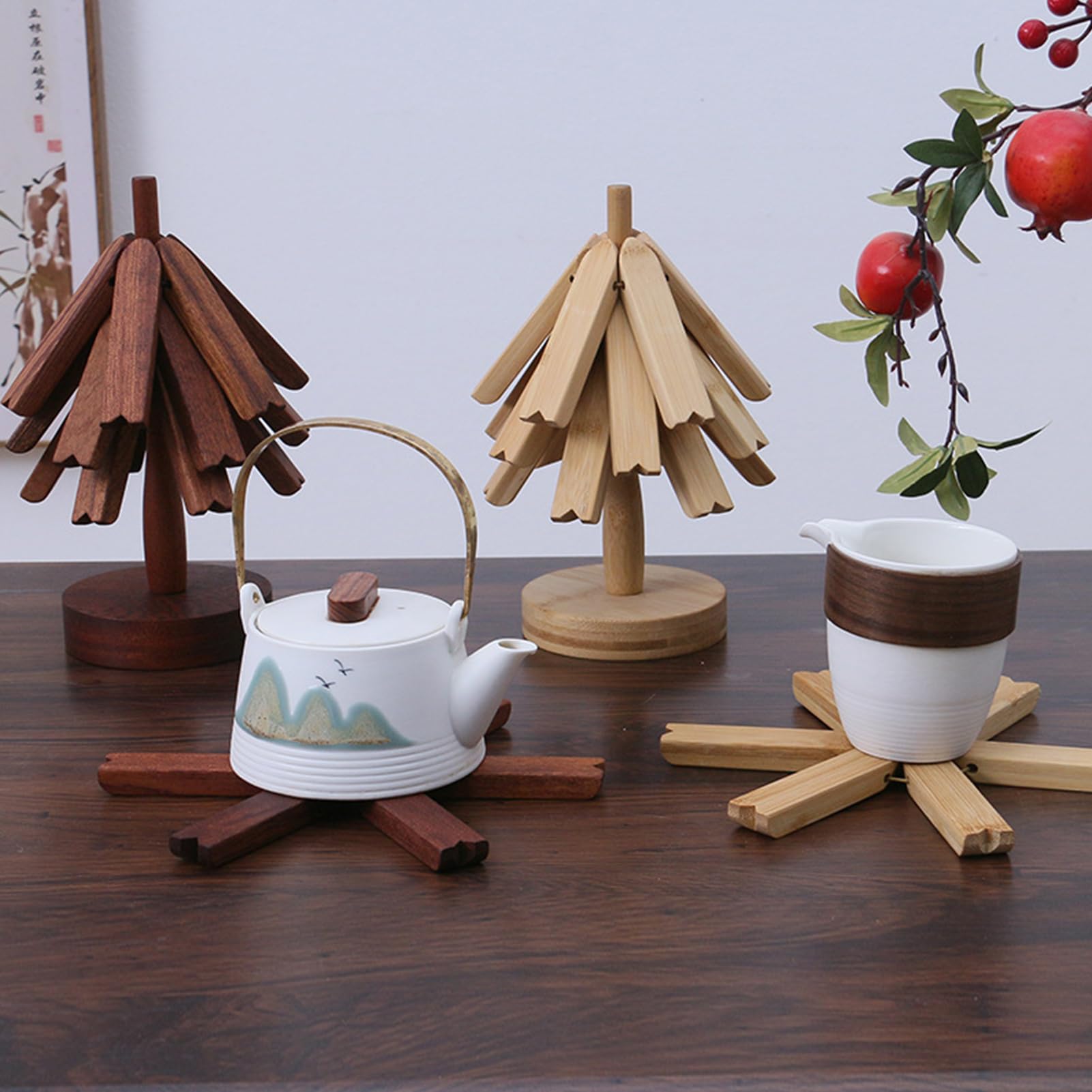 Wooden Trivets For Hot Dishes 4PCS Christmas Tree Shaped Trivets Multi...