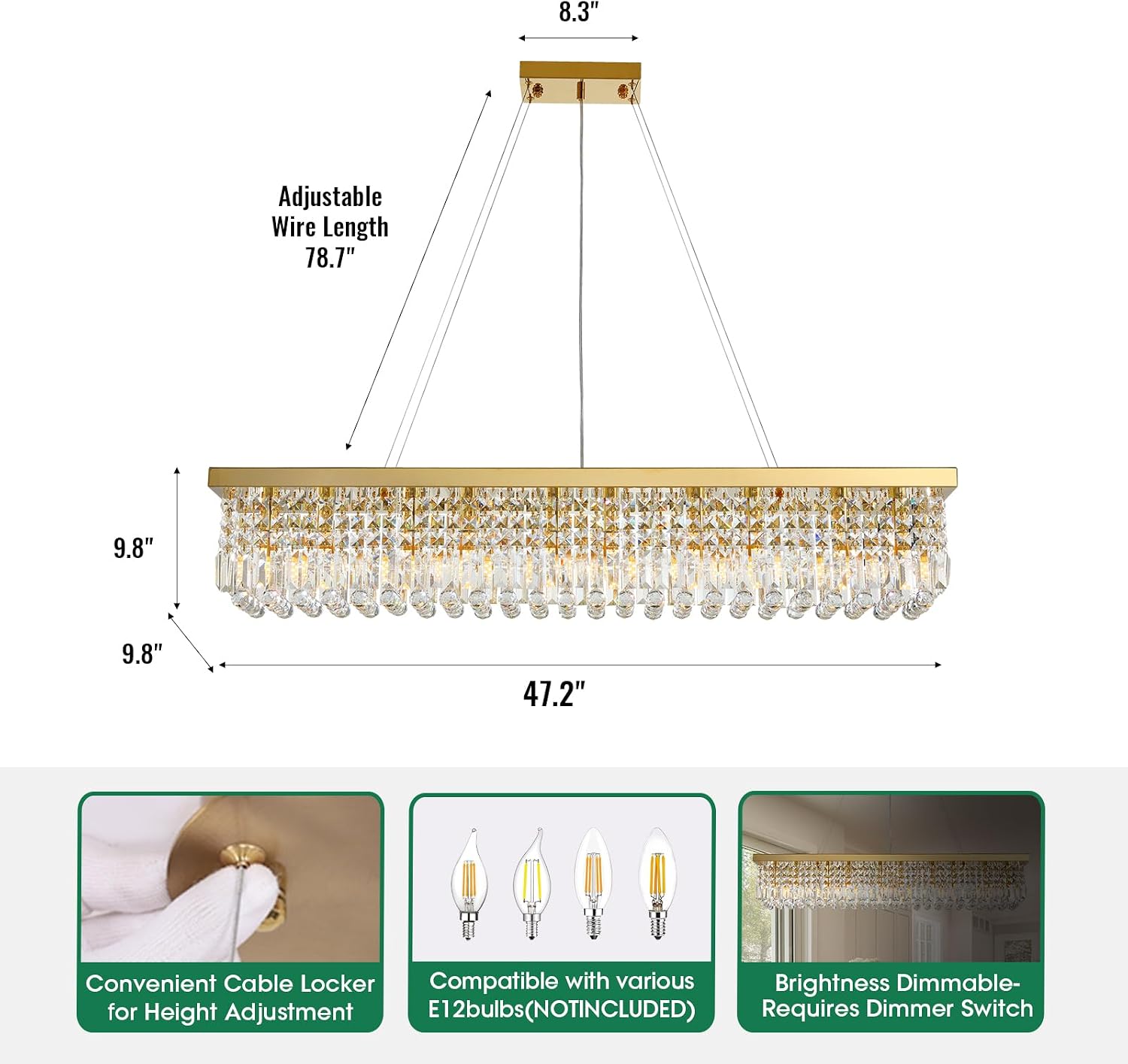Gold Modern Crystal Chandeliers for Dining Room Light Fixture, 10-Light Rectangle Chandelier for Kitchen Island Living Room, L47.2 Inch