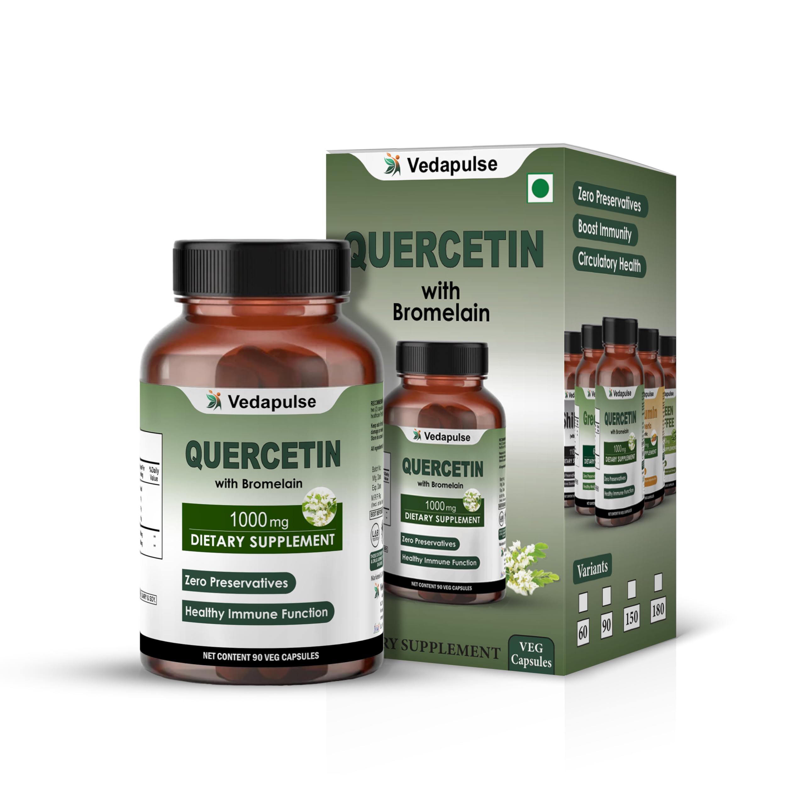 Vedapulse Quercetin 1000mg with Bromelain | 90 Veg Capsules | Health Supplement for Immune Support