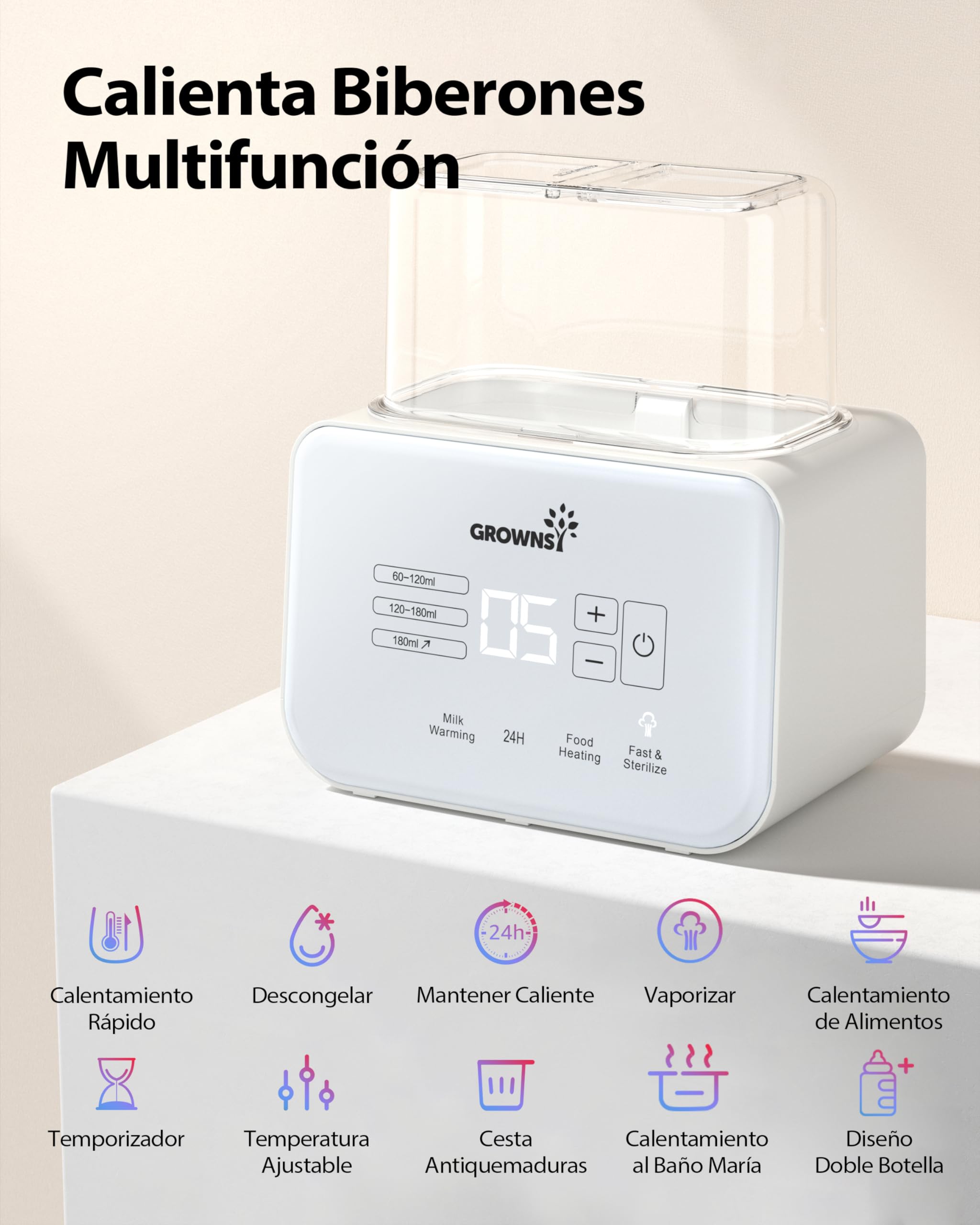Grownsy Calienta Biberones | Esterilizador Biberones | Calentador Rápido de Alimentos para Bebés 9-en-1 y Descongelador Calentador Pantalla LCD Control Preciso de Temperatura para Leche Materna