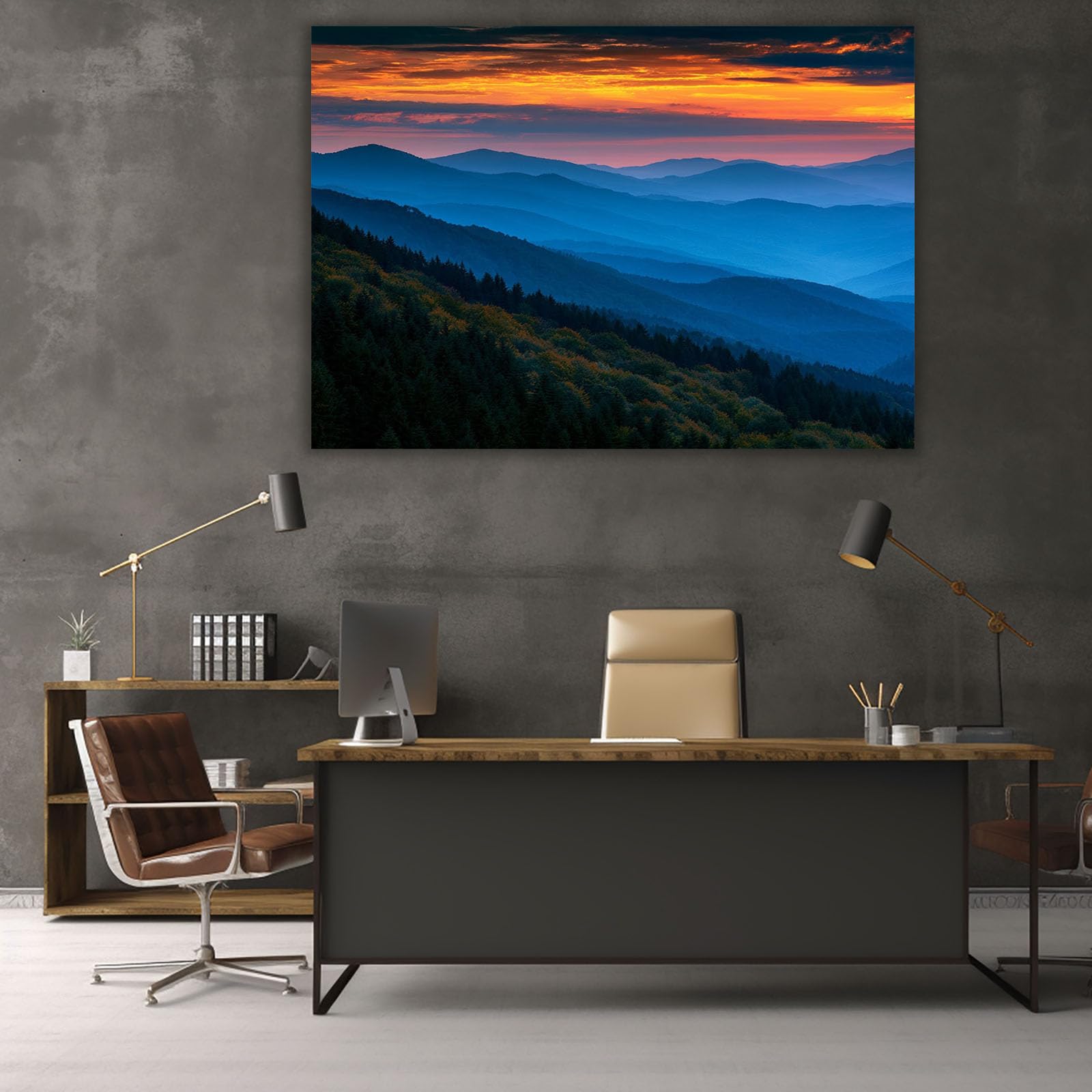 AMXBZC Abstraktes Nature Leinwand Bilder Kunstdrucke Bergnebelbaum-Landschaft Wandbild Kunstdruck -Wohnzimmer Deko Kunst- Modern für Büro Wanddeko(Orange)-50x70cm Gerahmt