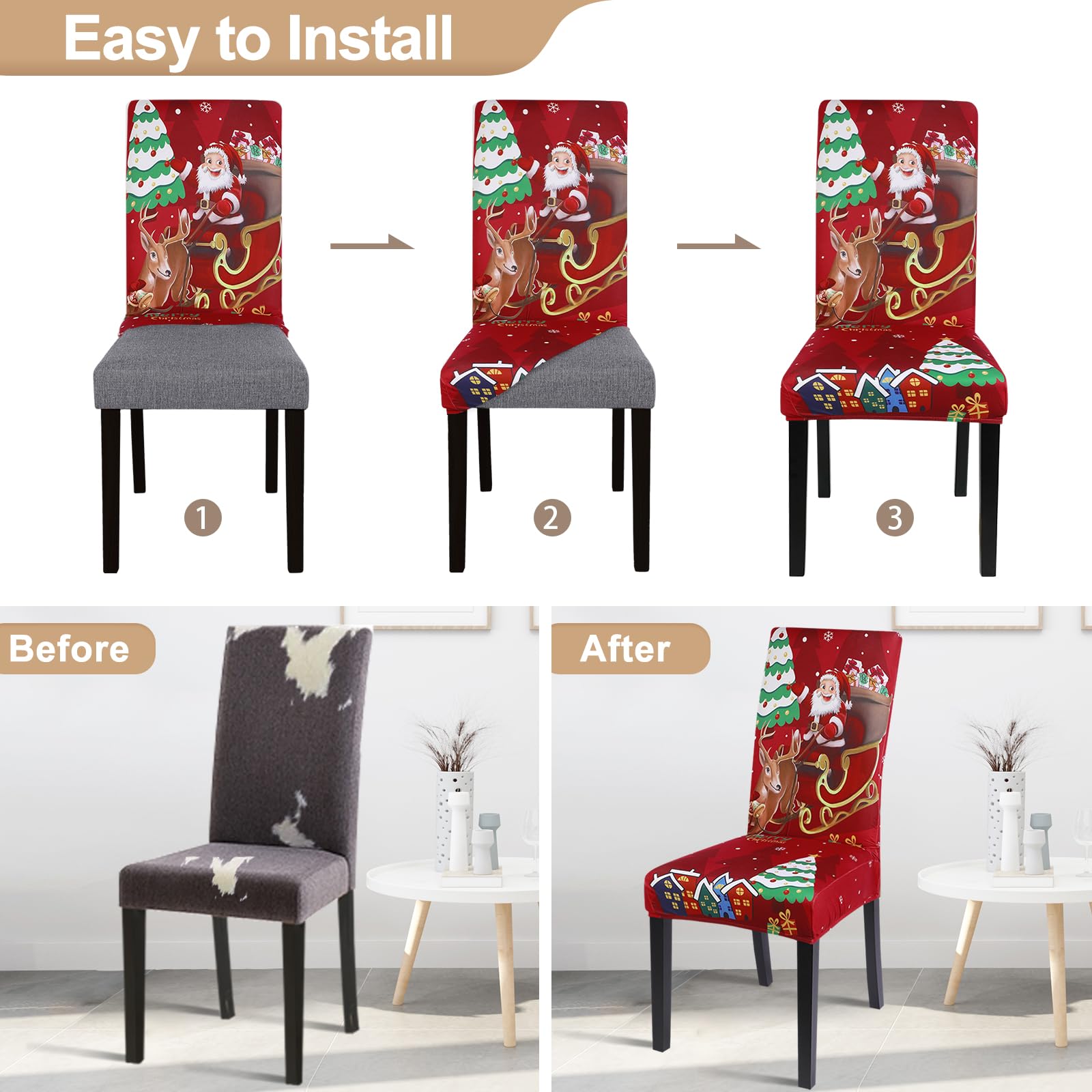 SearchI Christmas Dining Chair Covers Set of 6,Stretch Xmas Parsons Chair Slipcovers Seat Protector Washable Spandex Kitchen Chair Cover for Dining Room,Christmas Decoration,Holiday Party(Santa+Deer) - Image 4