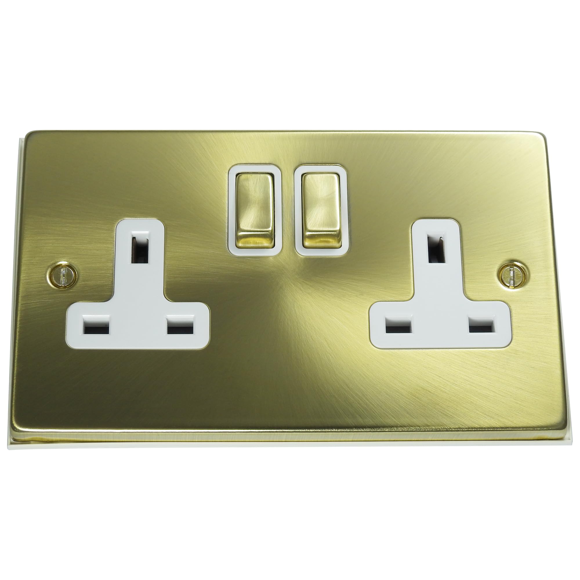 2 Gang Plug Socket Outlet Satin Brass Finish with White Inserts