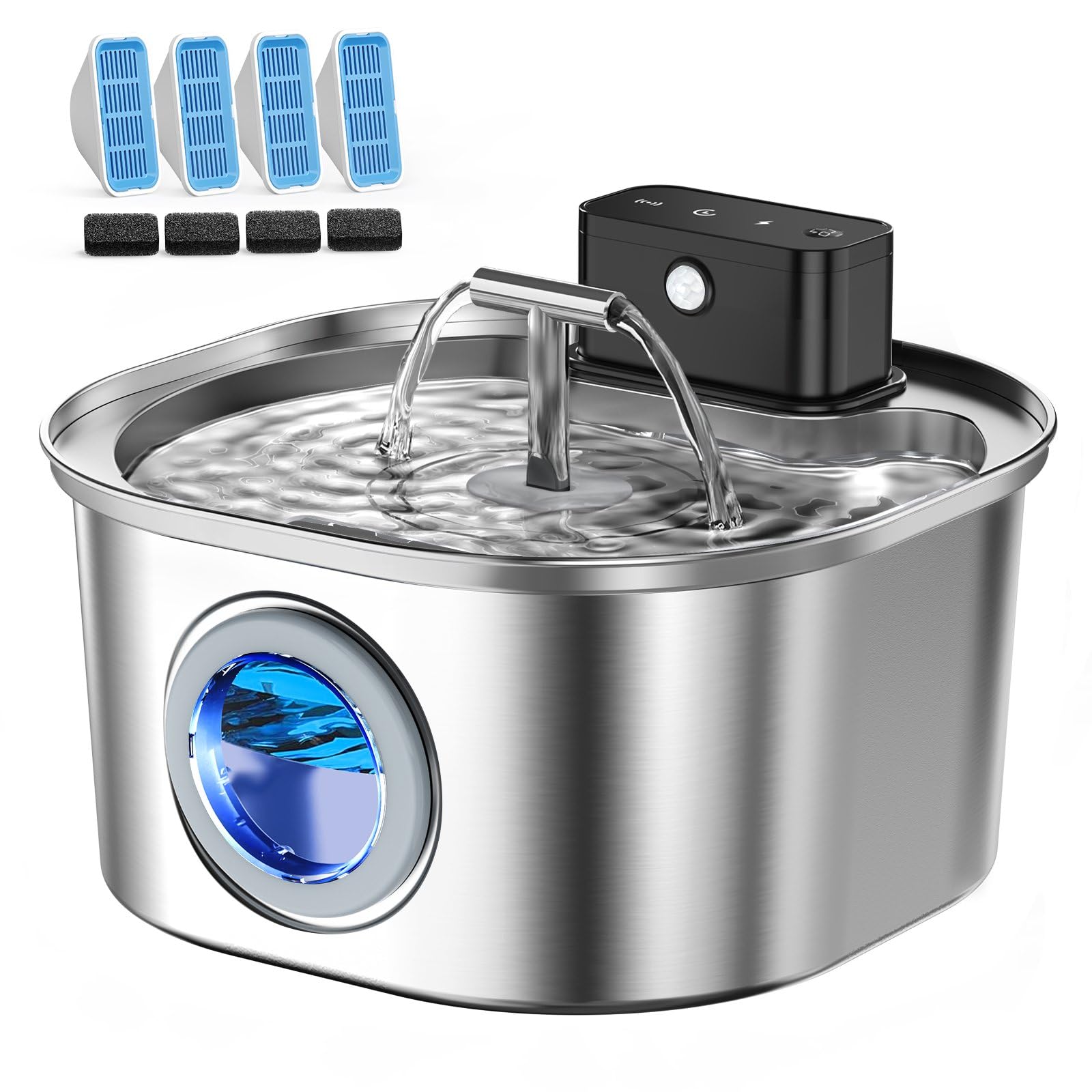 Voluas Cat Water Fountain Stainless Steel: 108oz/3.2L Wireless Cat Fountain Battery Operated for Drinking Indoor, Cordless Automatic Pet Water Dispenser Bowl with Water Level Window, BPA-Free