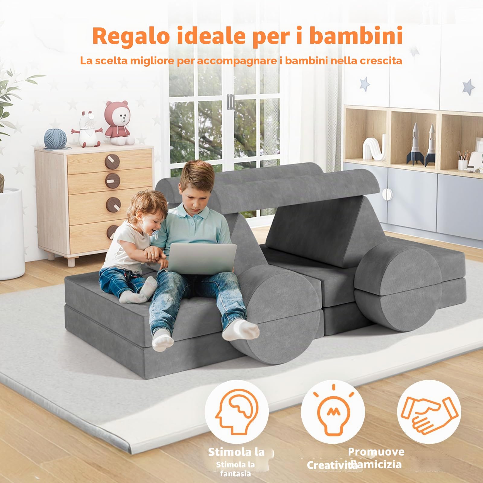MAMIZO Divano da Gioco per Bambini, DivanoModulare per Bambini con 15PCS Modulo, Poltrona Letto bambino, Divano Trasformabile in Schiuma per bambino, per Camera da Letto, Sala Giochi