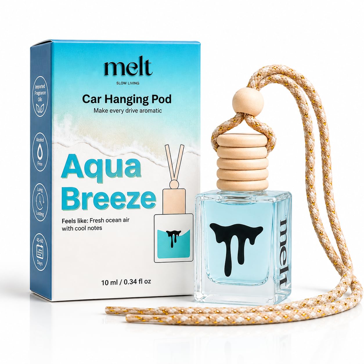 Melt Aqua Breeze Car Perfume 10ml | Hanging Car Air Freshener | Long Lasting 45–60 Days | Hanging Pod Fragrance Diffuser | Fresh Ocean Breeze Car Scent