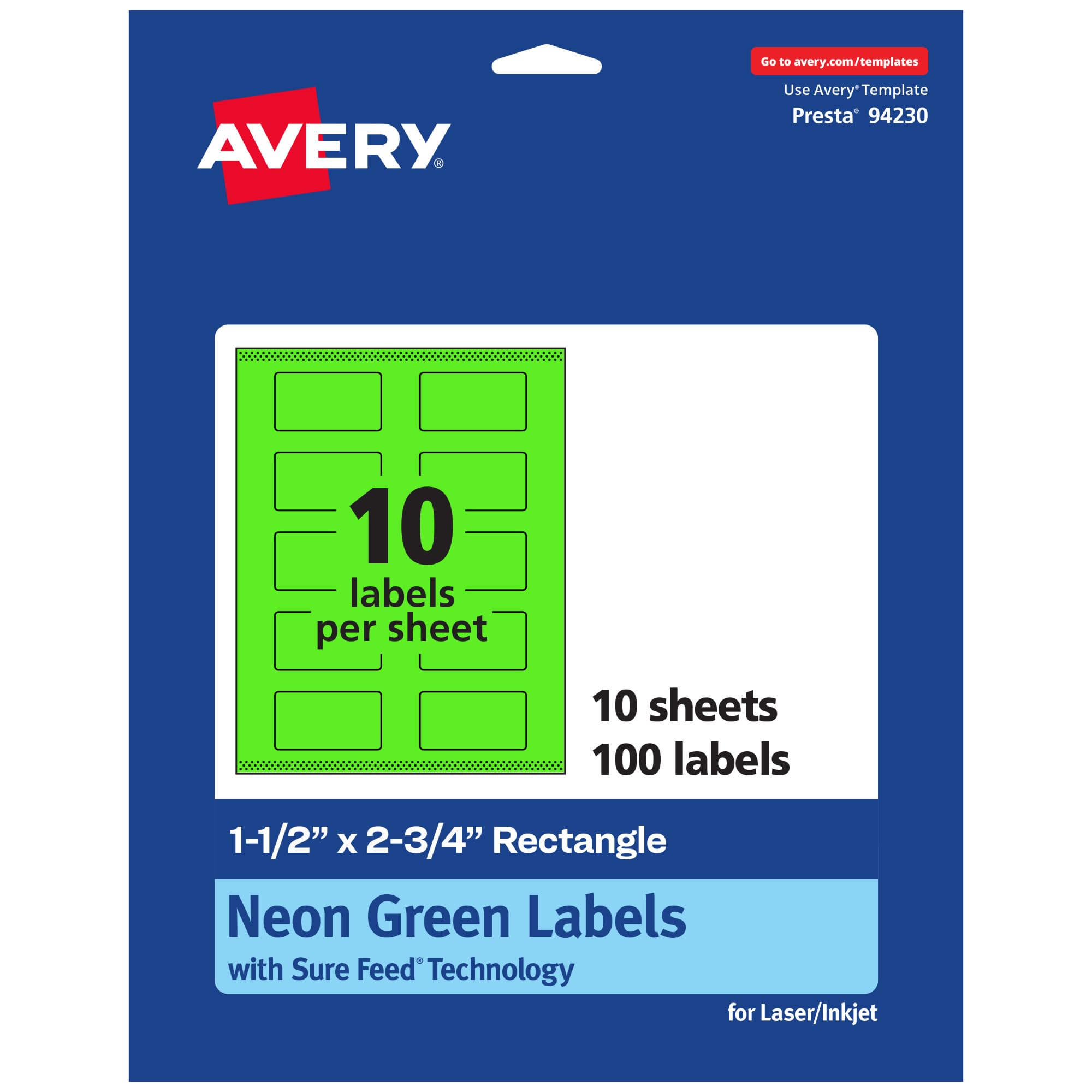 Avery Printable Rectangle Labels, Sure Feed Technology, 1-1/2" x 2-3/4", Neon Green Labels, Print-to-The-Edge, Laser/Inkjet Printable, 100 Total,
