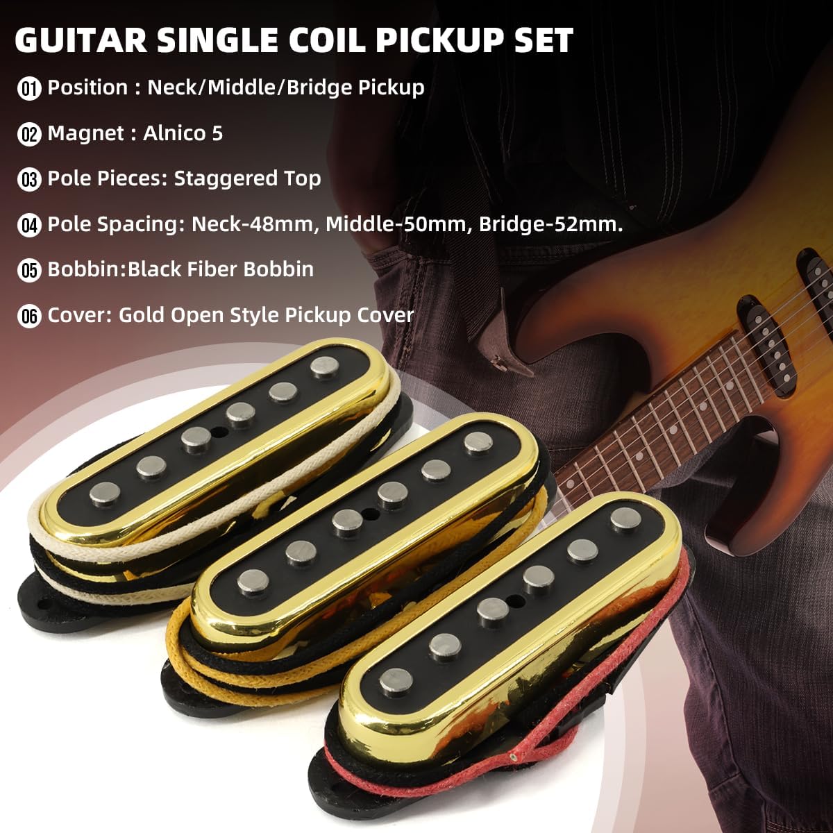 Alnico 5 ST Pickup Single Coil Pickups Open Style Neck/Middle/Bridge Pickup Set for Stratocaster Electric Guitar Parts Replacement (Gold Cover)