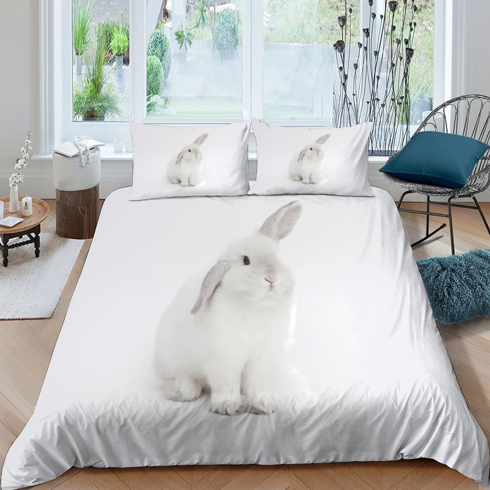 TUFRTGYHN 3D Printed White Bunny Duvet Cover Microfiber Soft Breathable Rabbit Bedding Set with 2 Pillowcases for Bedroom Decor Single（135x200cm）