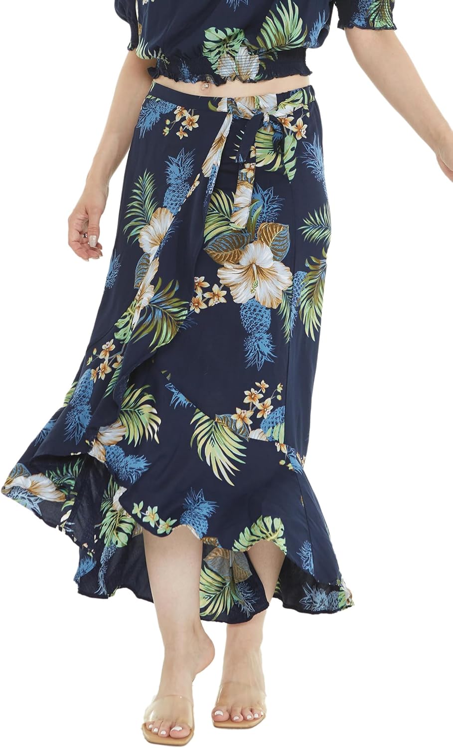 Women's Hawaiian Luau Wrap Ruffle Skirt in Sunset Neon Pastel