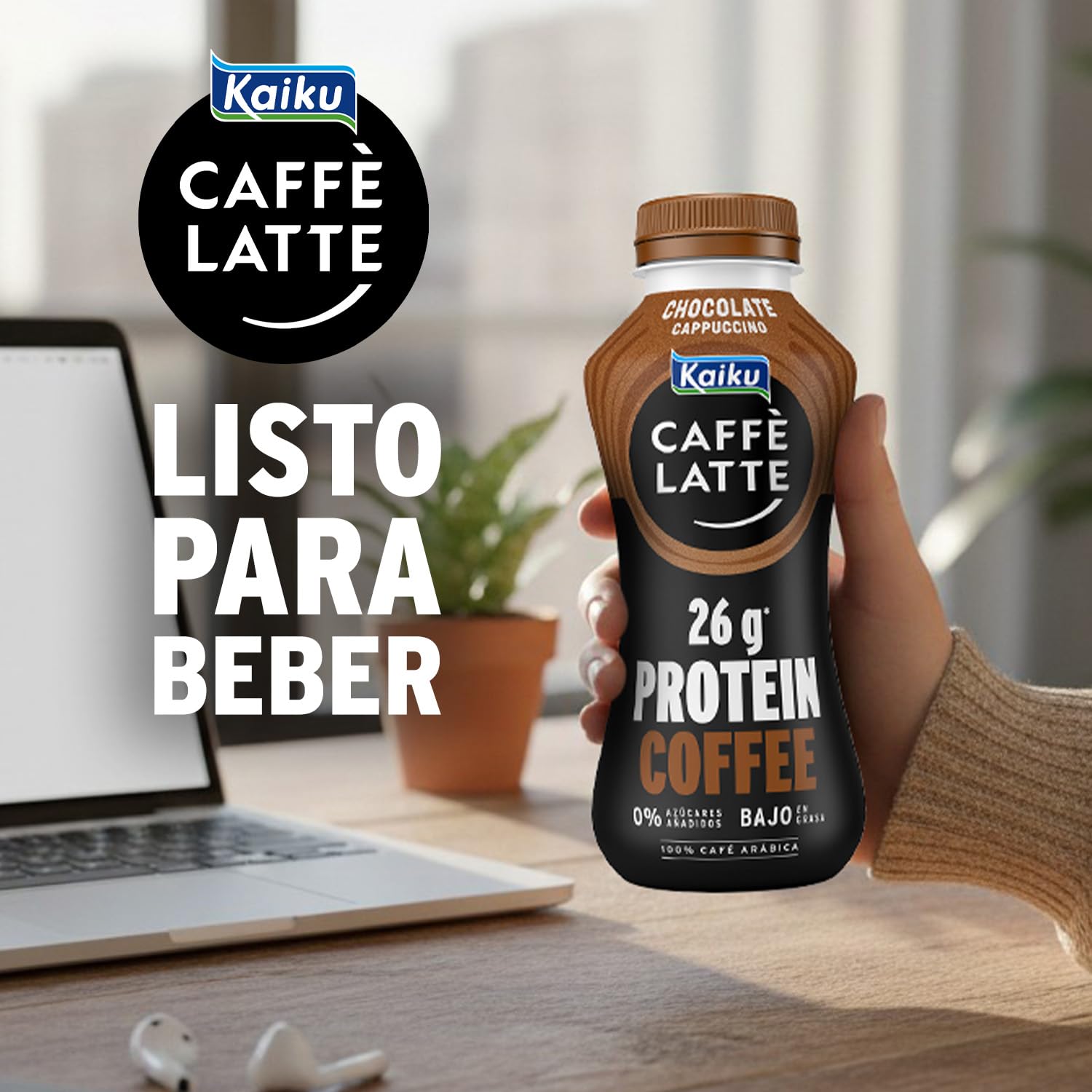 KAIKU CAFFÈ LATTE - Protein Coffee Chocolate Cappuccino 330 ml, Café Frío, Listo para Tomar, 26 g de Proteína por Ración, Café Arábiga, sin Azúcares Añadidos, Bajo en Grasa, sin Gluten y con Lactosa