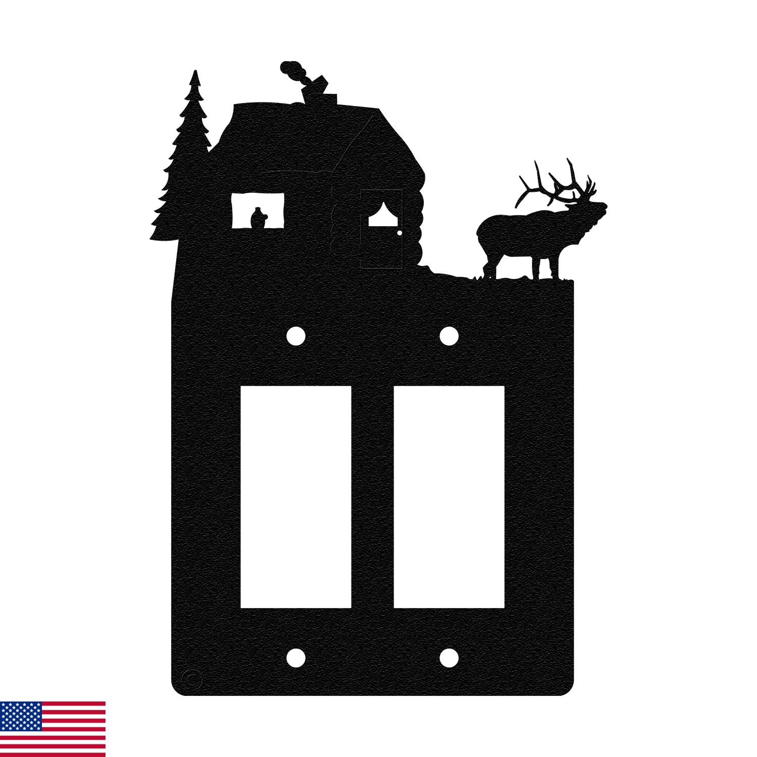 Elk & Cabin Double Gang Light Switch Wall Plate (Double Rocker (GFCI), Black)