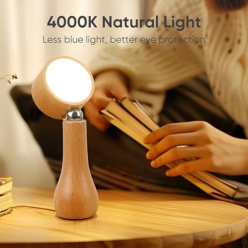 Miniatura 5 de Lámpara pequeña de madera para mesita de noche, lámpara inalámbrica con interruptor táctil portátil, lámparas de escritorio recargables para