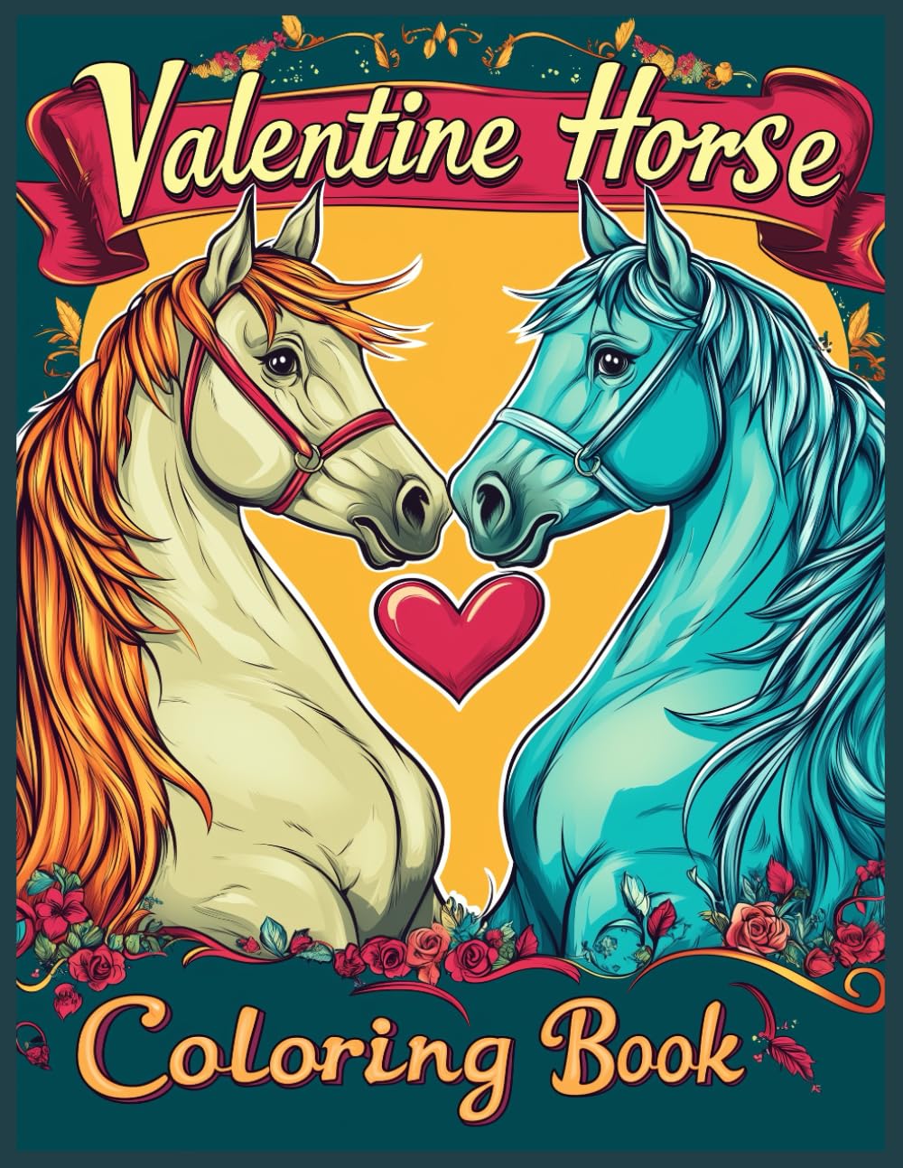 Valentine Horse Coloring Book: Two Horses Heart Shape Coloring Pages for Stress Relief
