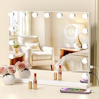 Vanity Mirror with Lights, Hollywood Makeup Mirror with 15 Dimmable LED Bulbs, Large Lighted Mirror with 10X Magnification 3 Modes Light Touch Sensor and USB Port, Tabletop or Wall-Mounted