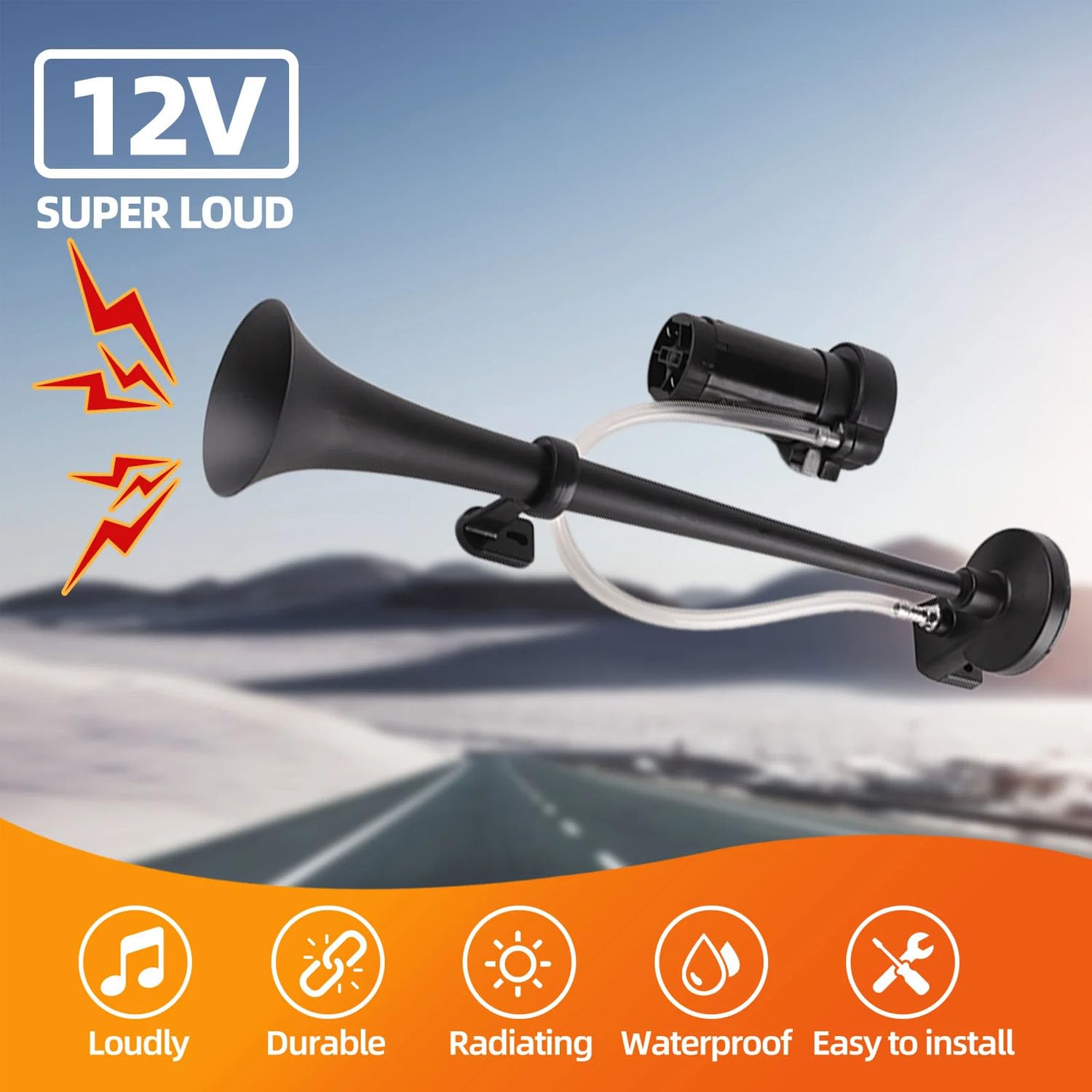 Bocina de aire de 18 pulgadas, bocina de motocicleta de 150 dB, de un solo tubo negro, con compresor y bomba de aire, apta para todos los vehículos de 12V, como coches, camiones, motocicletas y barcos