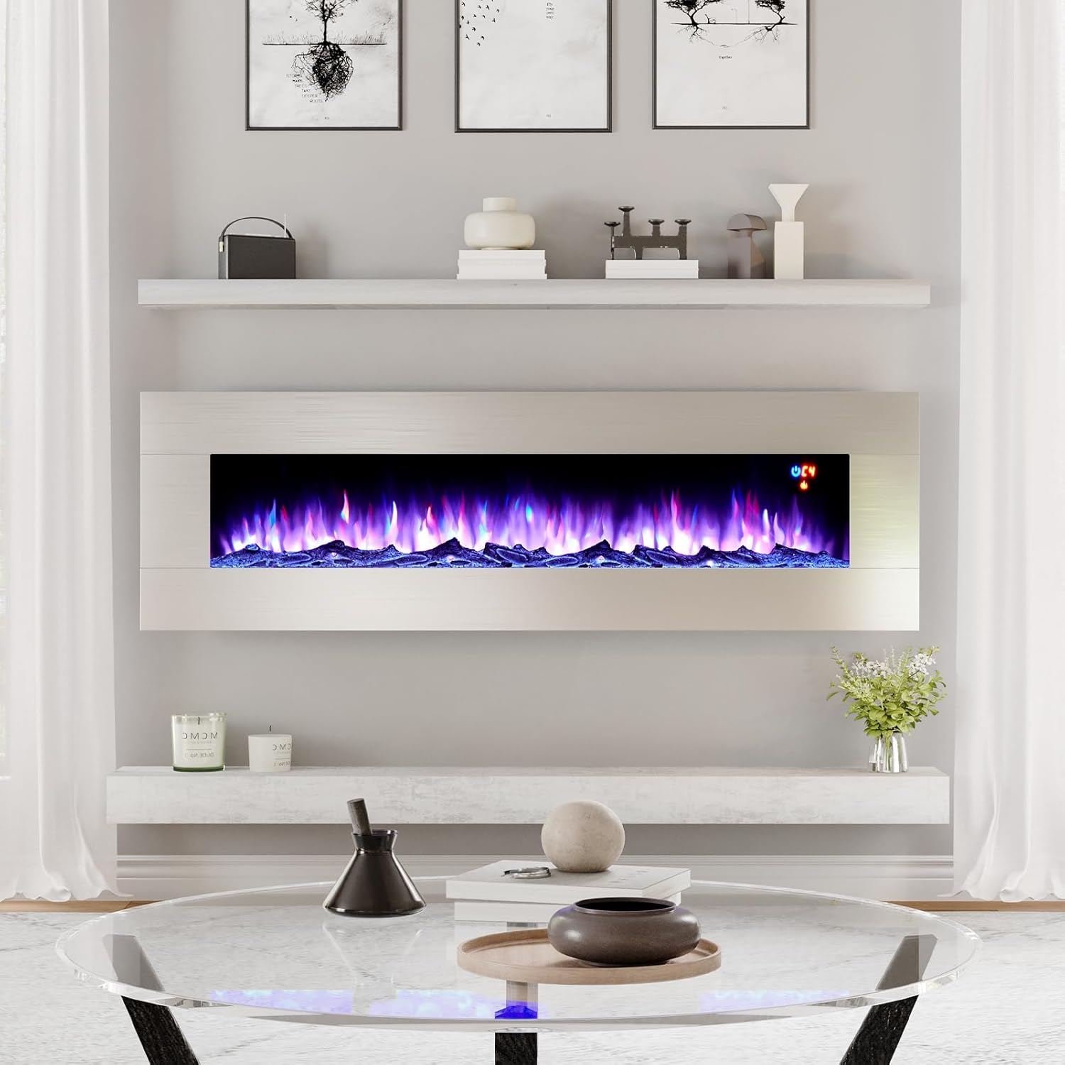 LUXOAK 60" Wall Mount Electric Fireplace, Stainless Steel