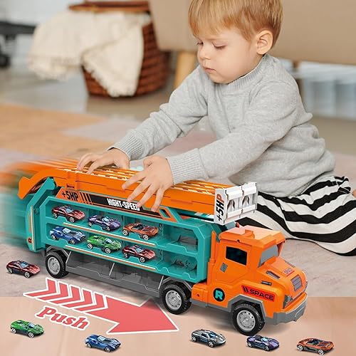 Miniatura 5 de Juguetes de camión para niños pequeños, camión transportador de automóvil de juguete para niños de 3 a 5 4 a 8 años, juegos de pista de autos