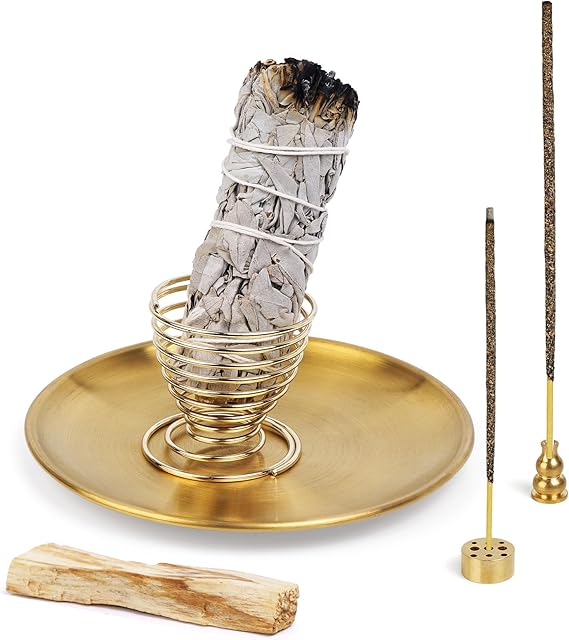Raxwalker Incense Burner Tray, 5 IN 1 Incense Holder for Palo Santo, Sage, Incense Sticks Coil Incense Cones, 5.5 inches Brass Ash Catcher for Meditation Yoga Room