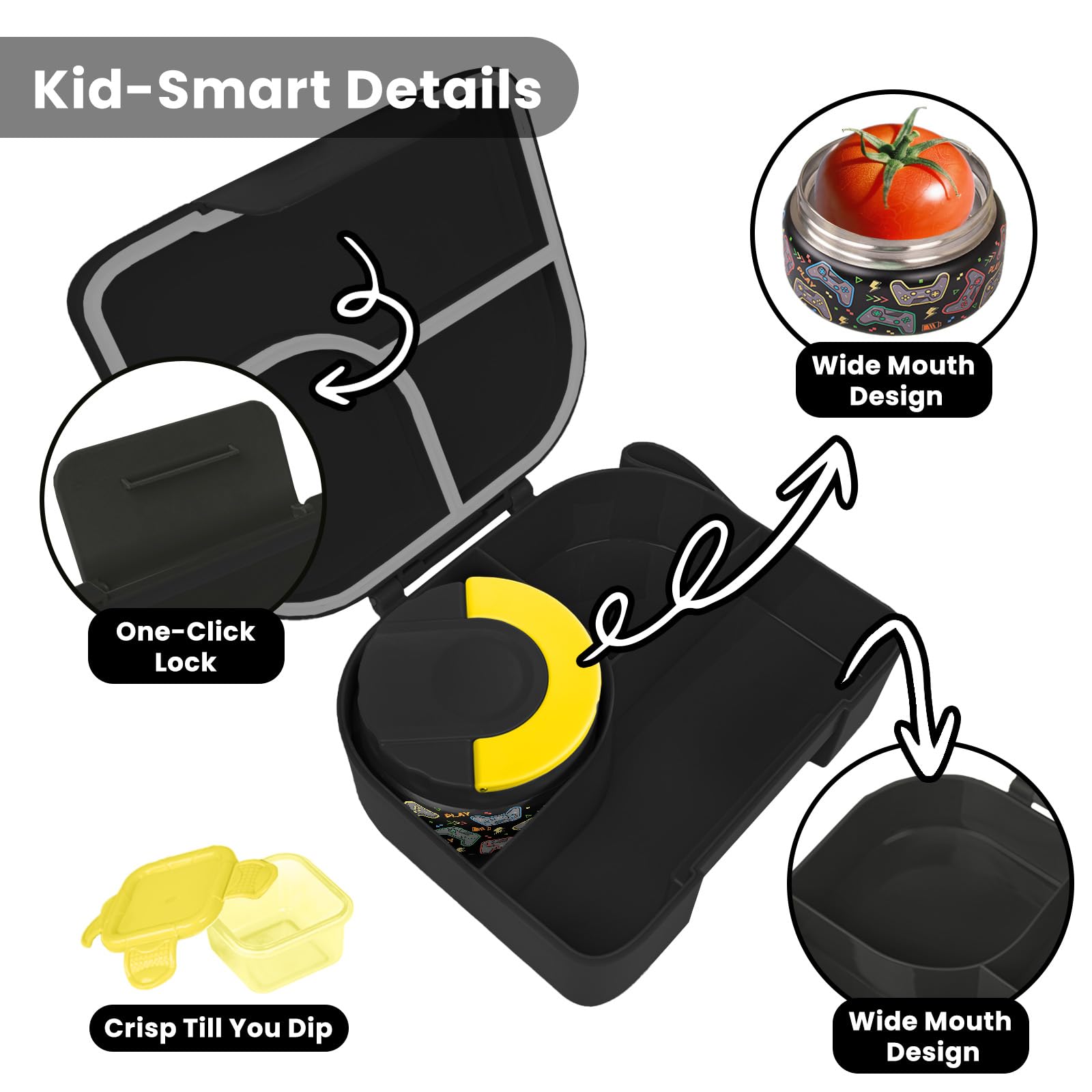 TinyPalsa Kids Bento Lunch Box, Kids Leakproof Lunch Food Containers, Insulated Hot Food Jar with Lunch Bag for School, Trvael(Black Game)