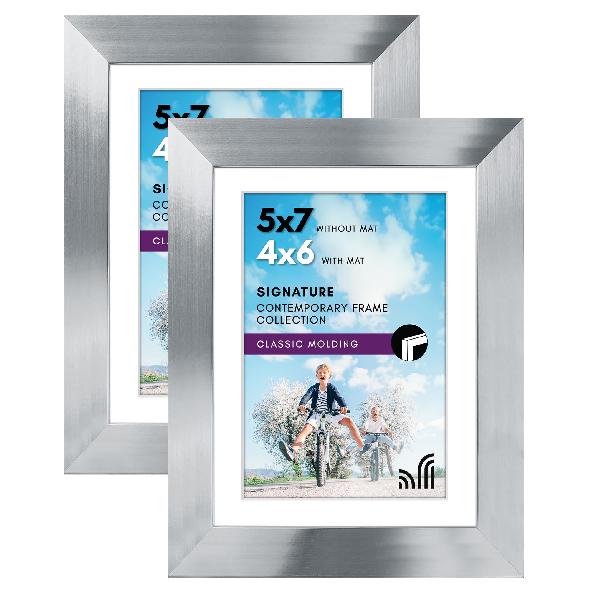 Americanflat 7x5 Photo Frames with Polished Crystal-Clear Glass - Set of 2 - Use as 6x4 Photo Frames with Mount or 7x5 Frame without Mount - Frames for Tabletop and Wall Display - Silver