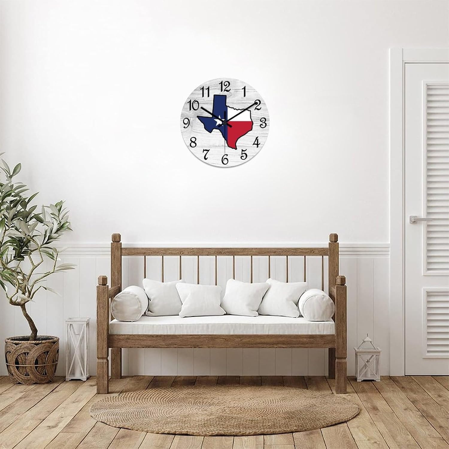 Texas Map Round Wall Clock Texas Flag Clock Wall Art Wood Clock Silent Non-Ticking Decorative Wall Clock for Living Room Bedroom Kitchen 15 Inch