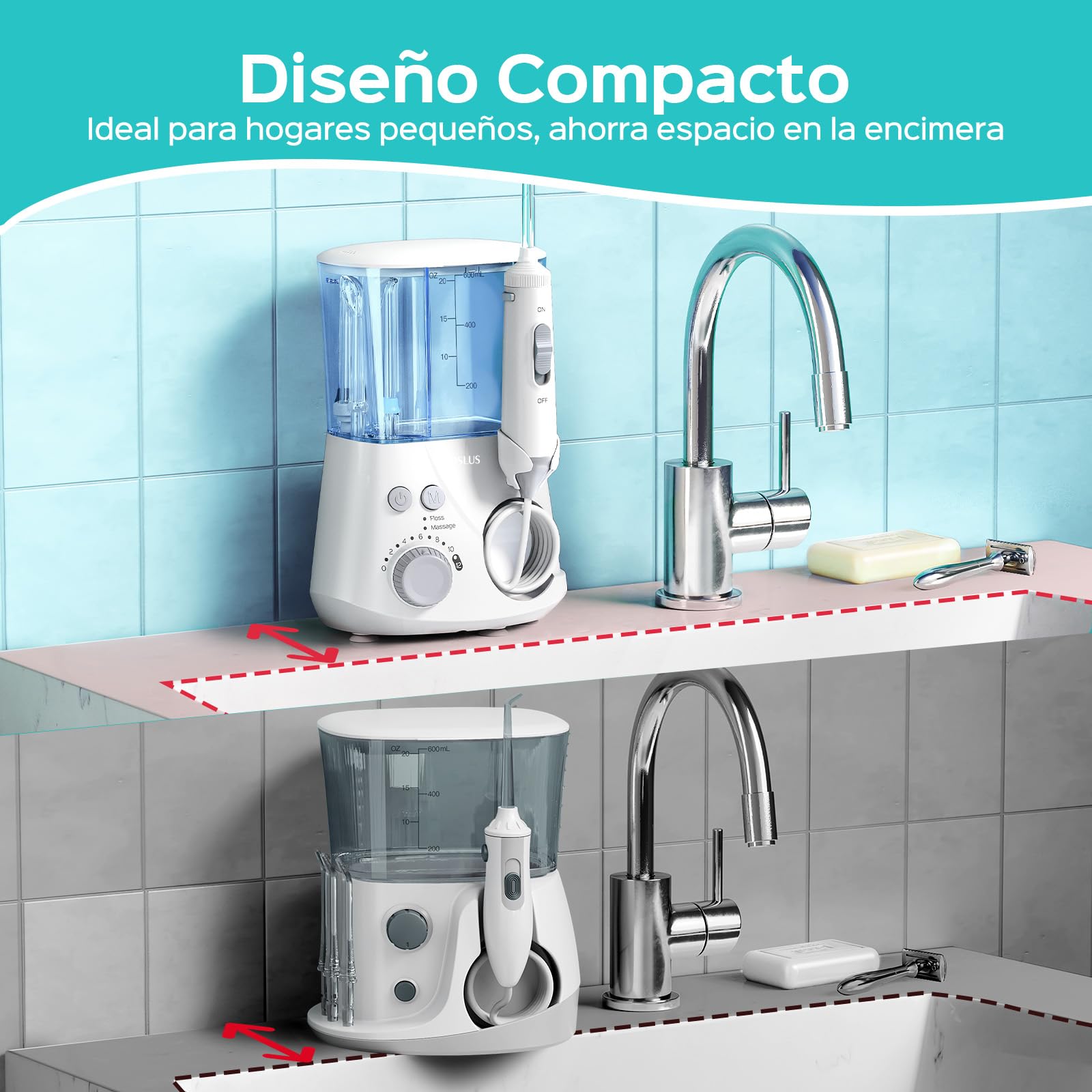 COSLUS Irrigador Dental Sobremesa Profesional: 2 Modos y 12 Presión Ajustable - 600ml Irrigador Bucal para Adultos Usuarios de Ortodoncia/Encías Sensibles -Uso Hogar Baño con 5 Boquillas - Blanco