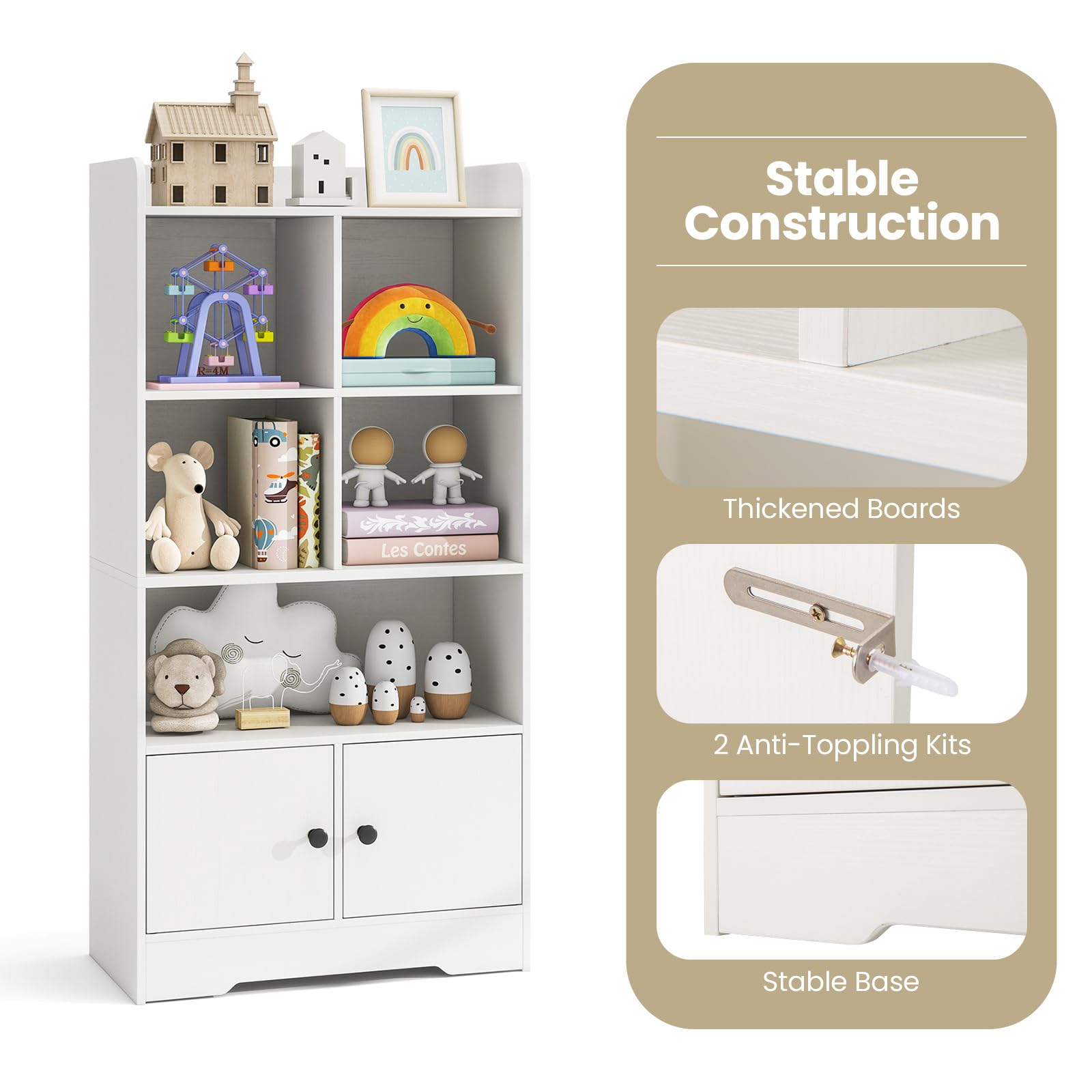 KOMFOTTEU Libreria Scaffale con 5 Scomparti e 2 Armadi, Libreria a Cubi da Terra con Dispositivo Anti-Ribaltamento, Mobile Soggiorno in Legno, da Ufficio, Cameretta, Studio, Bianco, 60 x 29,5 x 120 cm