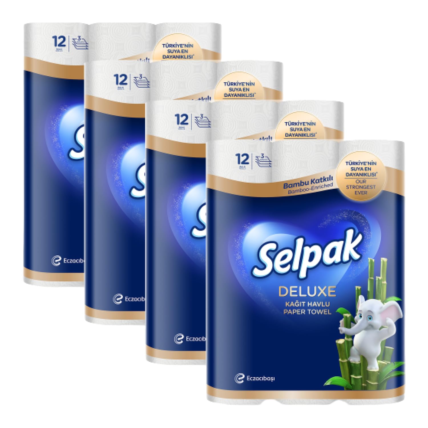 Selpak Deluxe Küchenrolle 3-lagig, 3600 Blatt Feuchtigkeitsbeständige, Papiertücher super saugfähige, wiederverwendbare Bambus-Küchenrolle, Elefant geprägtes Haushaltstücher-Küchenpapier, Handtuchroll