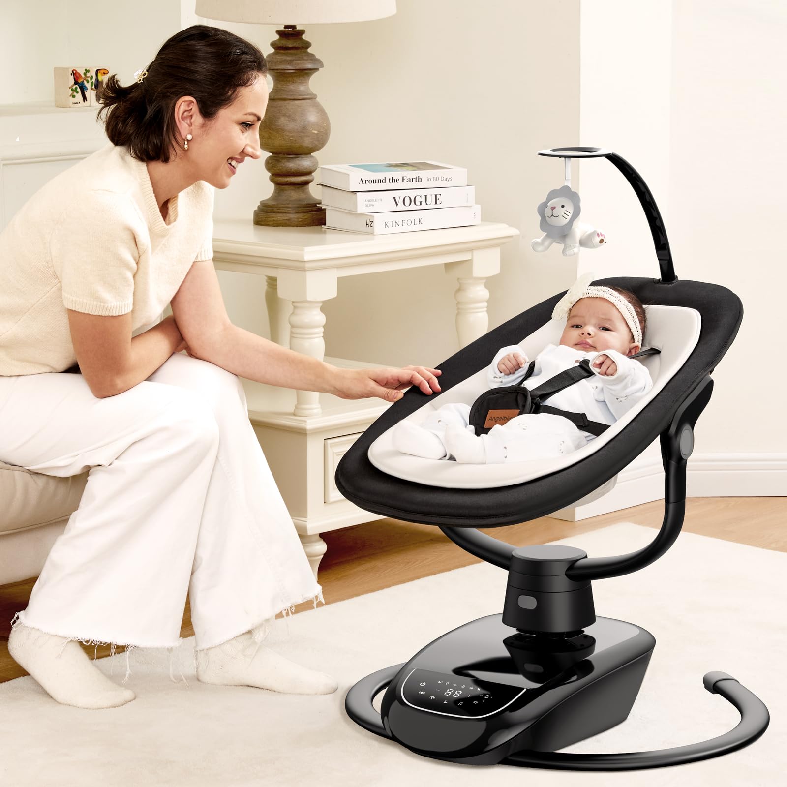 Angelbliss Baby Swing with Custom Motion, 3D-Motion Electric Swing with 6 Unique Motions & 4-Speeds, Bluetooth Enabled, 13 Preset Lullabies (Black)