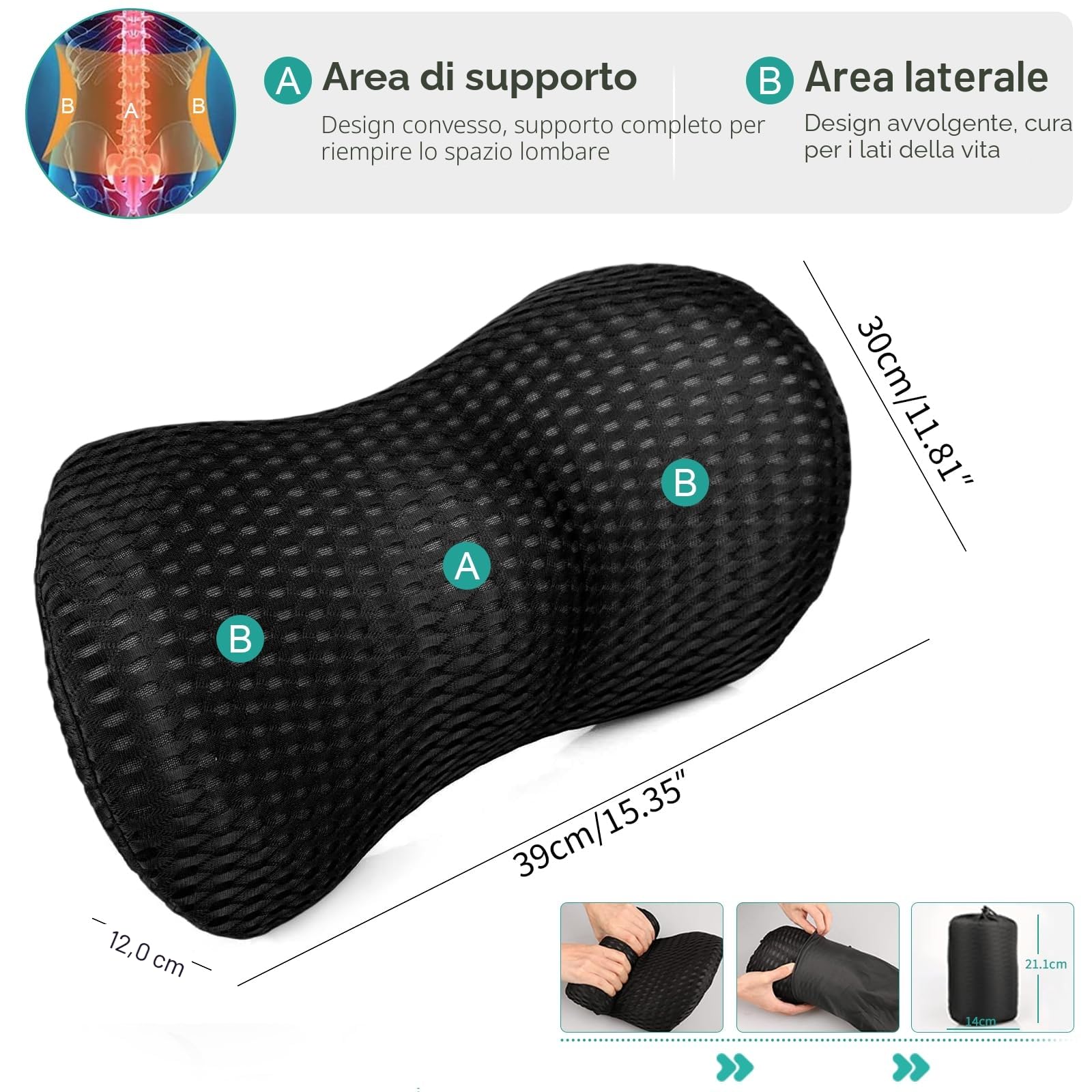 Cuscino Lombare Ergonomico in Memory Foam – Supporto Schiena Ortopedico per Sedia da Ufficio, Auto e Casa – Traspirante, Lavabile e con Cinghia Regolabile