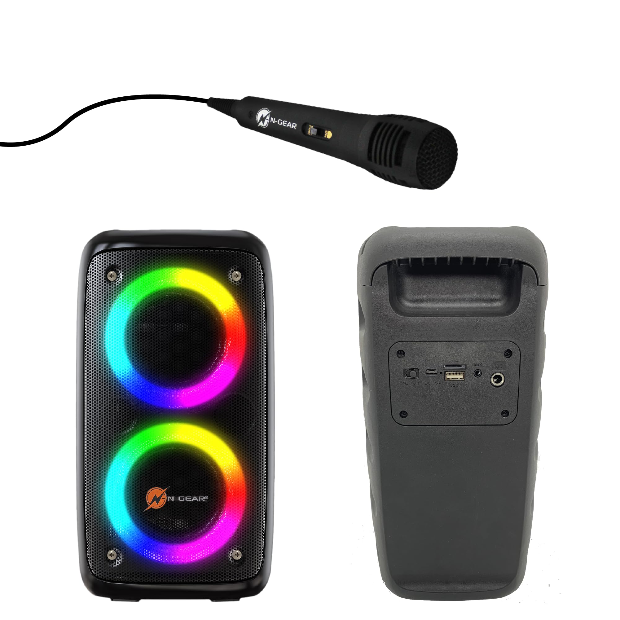 N-Gear Let's Go Party 23M Bluetooth Lautsprecher mit 100W Leistung, 2X 3 Zoll Speakern, RGB LED Beleuchtung und Kabel-Mikrofon. Tragbare Karaoke Anlage für Mobile Feiern und musikalische Events