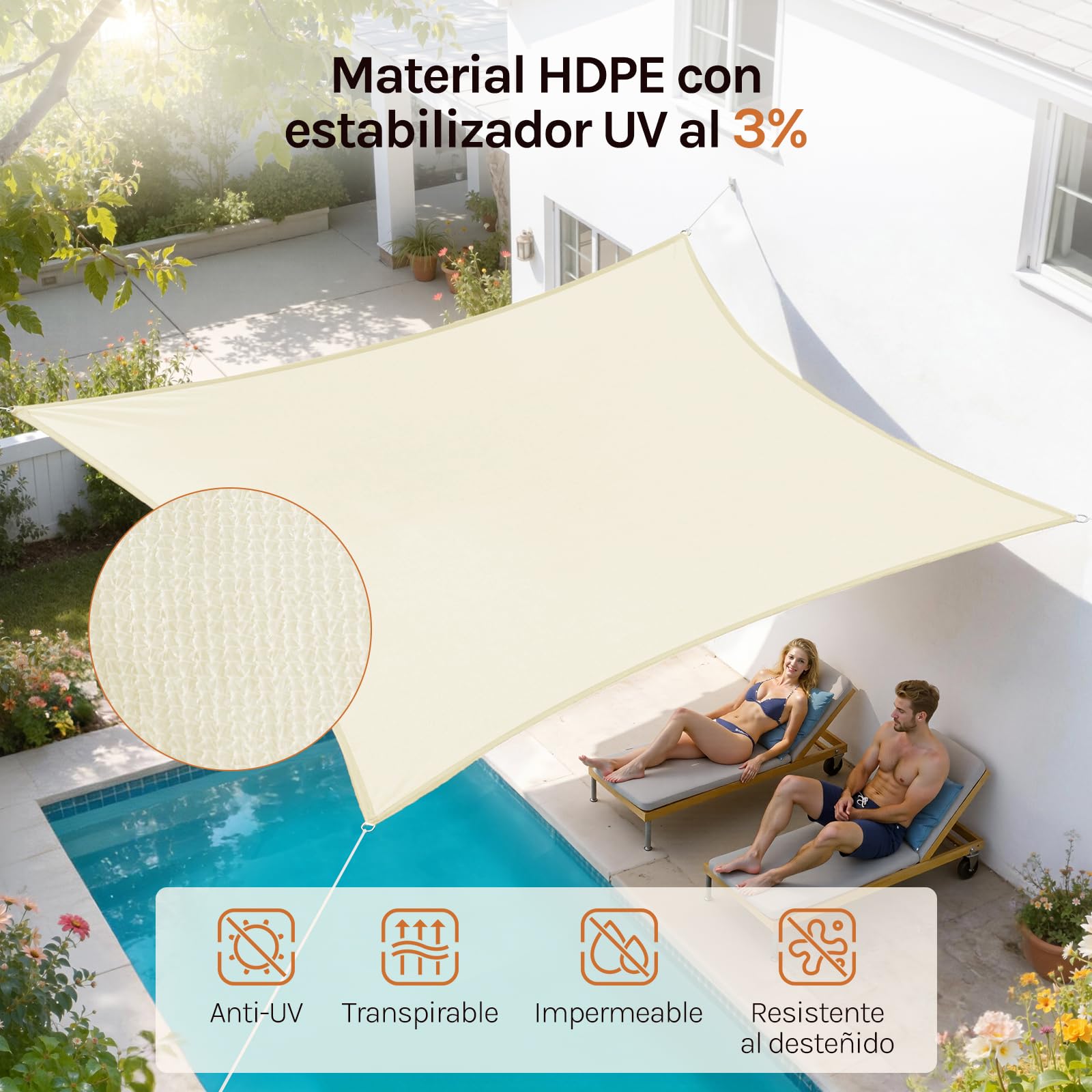 WOLTU Toldo Vela de Sombra Rectangular 2x4 m HDPE Transpirable Anti Rayos UV Solar protección 85% Resistente y para Jardín, Patio, Exteriores Arena, Crema — view 5