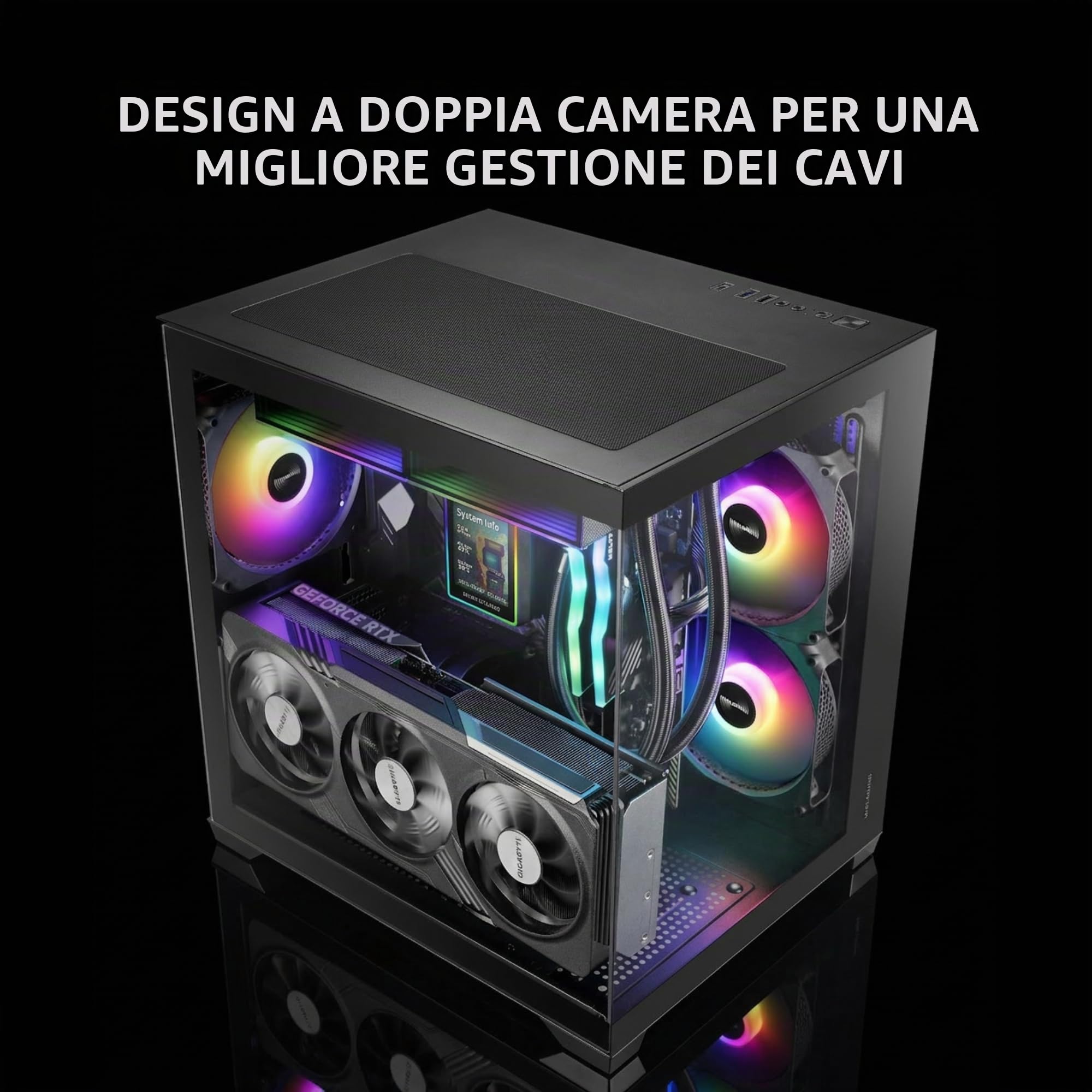 Mars Gaming MC-VIEW3, Case PC MicroATX, Vetro Temperato Panoramico, 3x Ventole ARGB 120mm, Doppia Camera, Supporto Raffreddamenti Liquidi fino a 240mm, Mini-tower Compatto con USB-C, Nero
