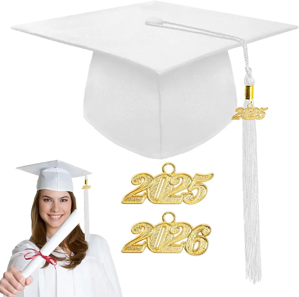 GZJINYUAN Unisex Matte Graduation Cap with Gold 2025/2026 Year Tassel Charm,Graduation Hat for Adults Bachelor Master (White)