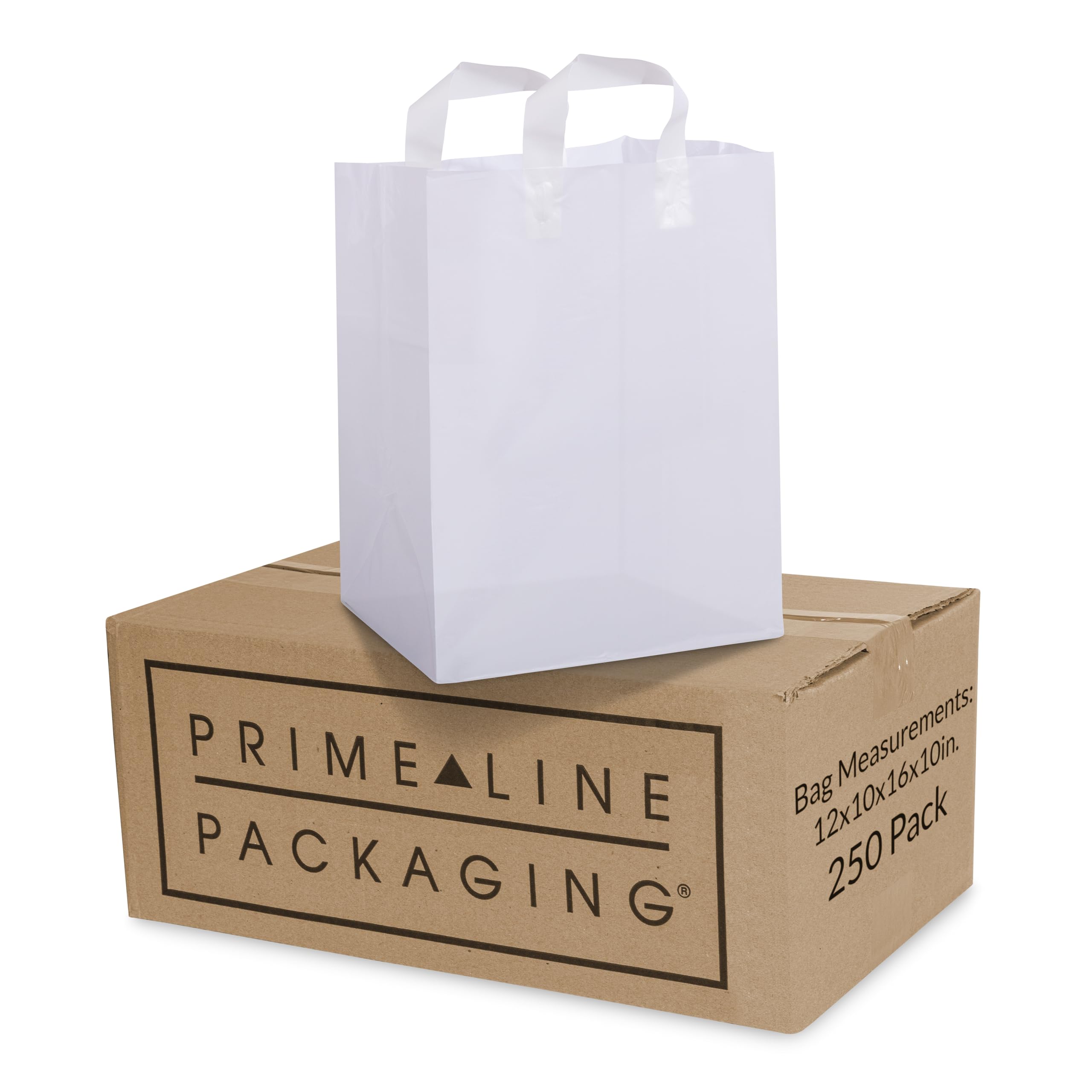 Prime Line Packaging White Plastic Bags, Shopping Gift Bags with Handles for Small Business, Grocery, Food Service, Take Out, Delivery, Retail, Bulk,