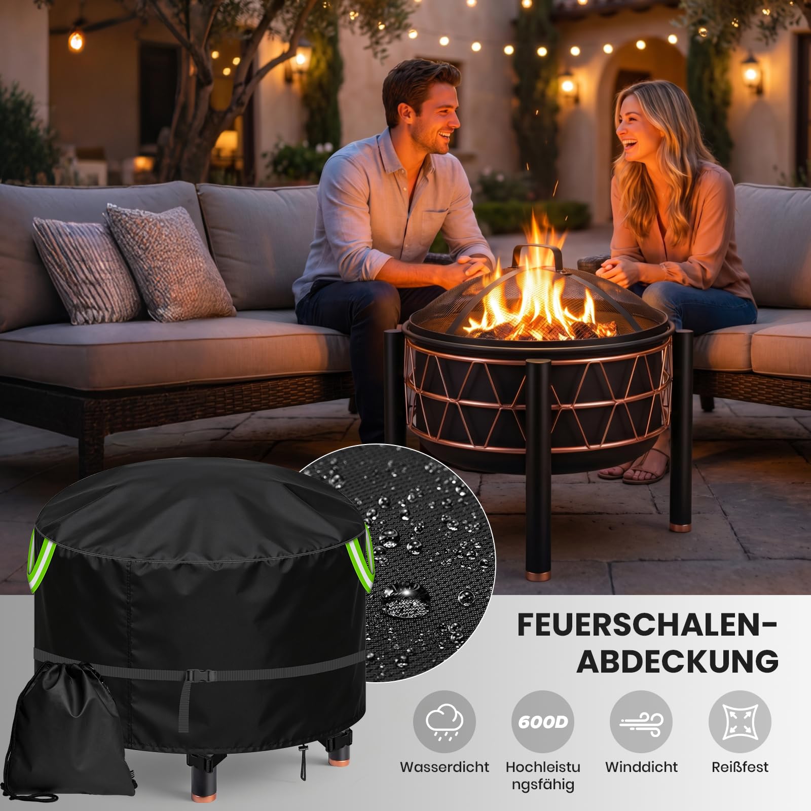 Housse Brasero 90cm Rond, 600D Oxford PU Imperméable avec 2,8 Msangles à Boucle, 3 Boucles Coupe-Vent et 2 Poignées, Housse de Protection pour Brasero, Panier à Feu, Diamètre 91x50cm