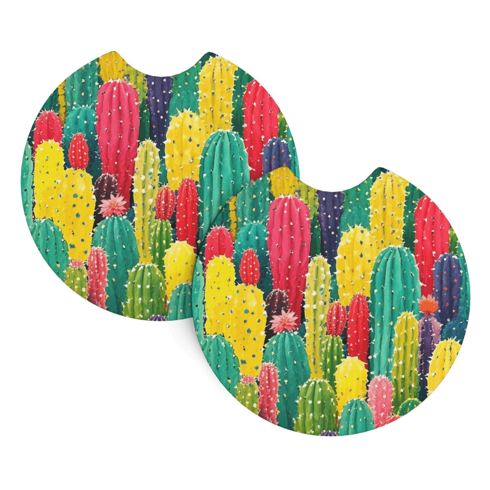 2 Pack Car Coaster for Cup Holders Colorful Cactus Pattern Car Cup Coaster 2.7" Neoprene Non-Slip Automotive Cup Mat Universal Auto Car Interior Accessories for Women Men Cup Pad