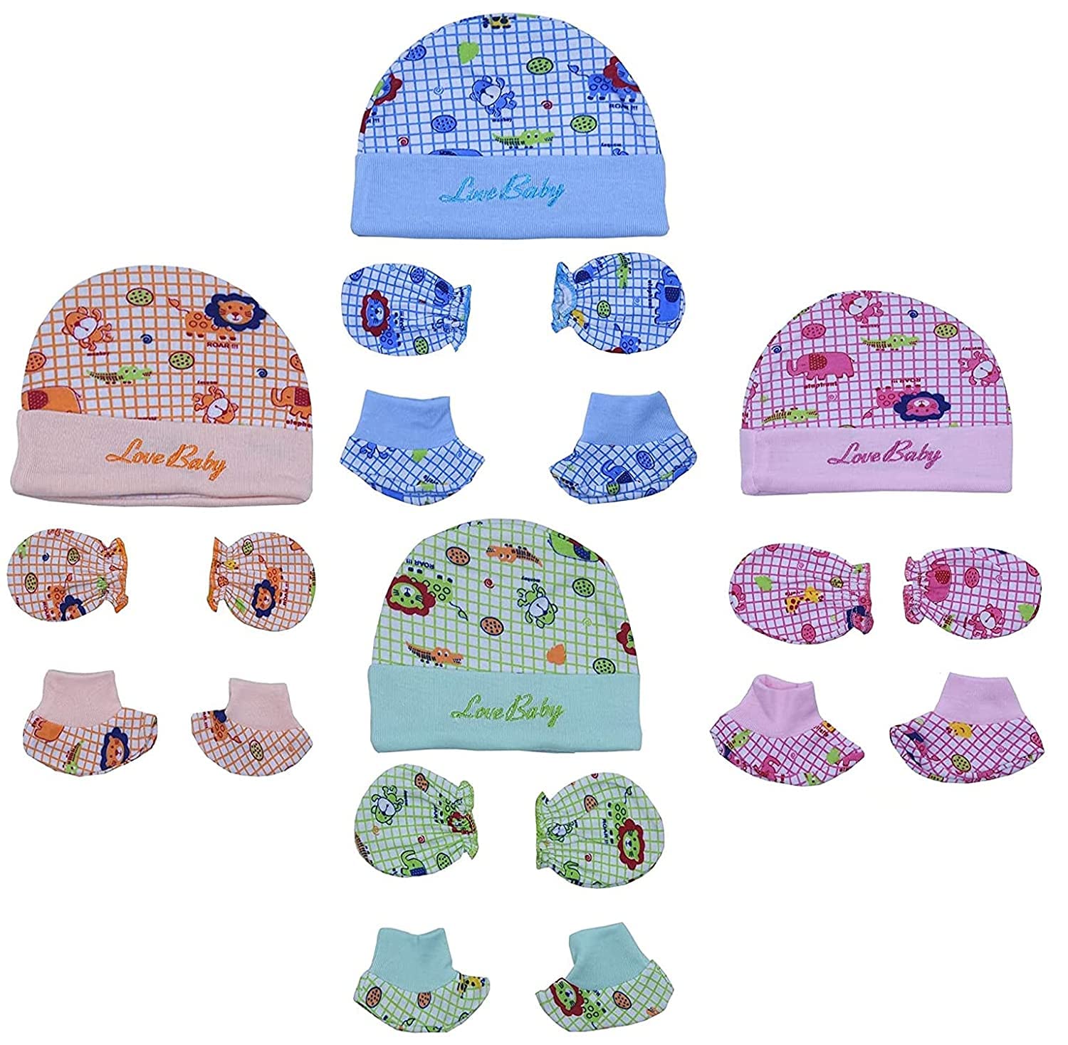 PIKIPOO Baby Cotton Mitten Sets with Cap and Booty- (Pink)