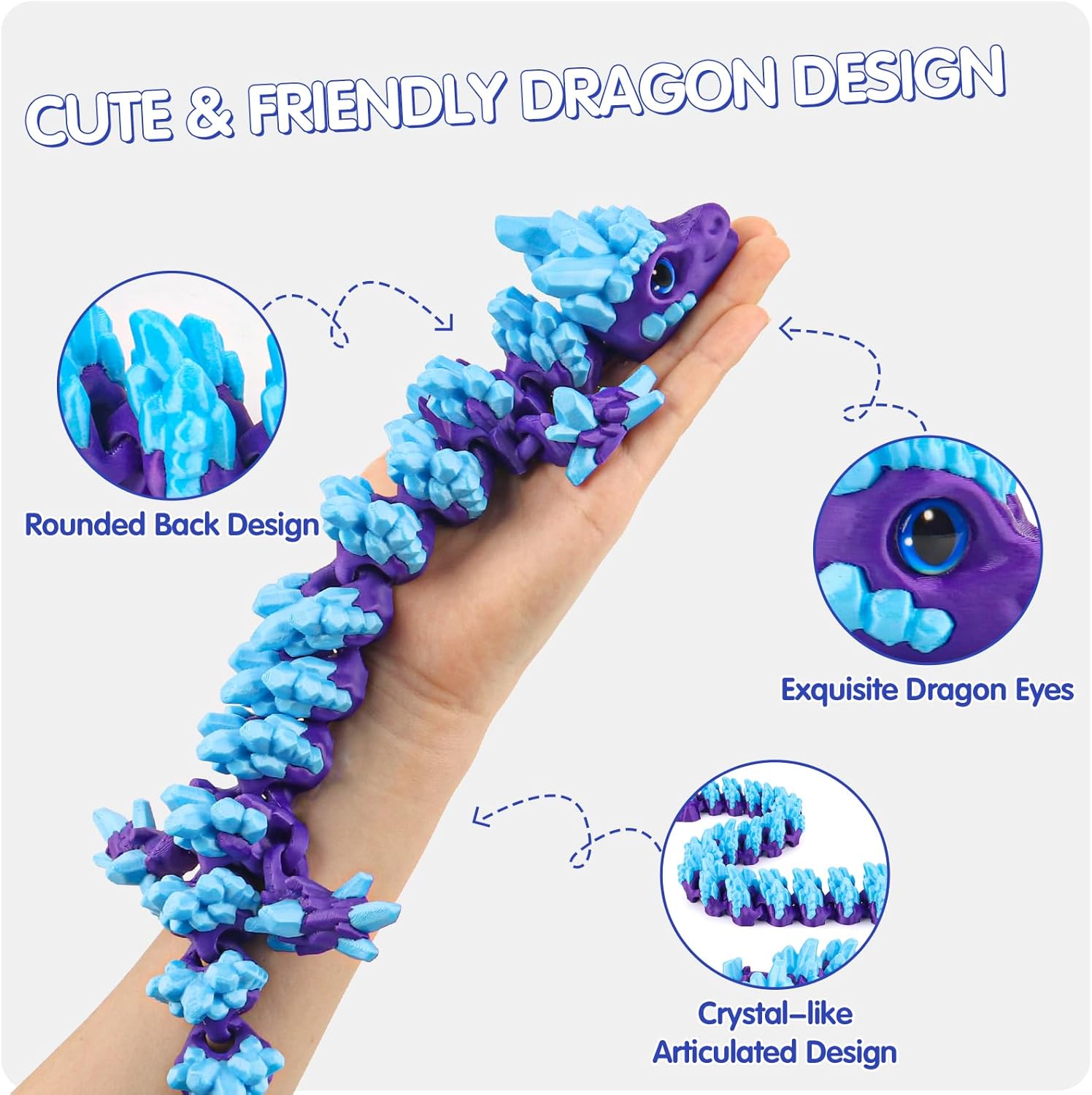 30-inch 3D Printed Dragon Large - No Sharp Spikes, Bigger Flexible Articulated Dragon Fidget Toy with Eyes, Giant Cute Crystal Dragon, Home Decor, Desk Pet, Easter Gifts for 5/6/7/8/9 Year Old Kids