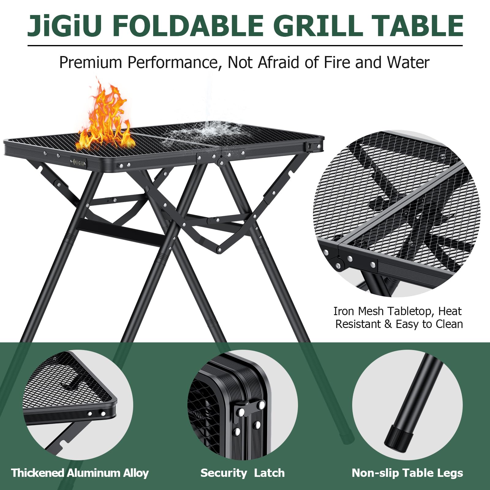 JiGiU Tavolo da Barbecue Pieghevole,Nero, 60x40 cm Altezza Regolabile fino a 71 cm,Struttura a X Ultra Stabile e Portatile per Giardino,Campeggio,Picnic all’Aperto