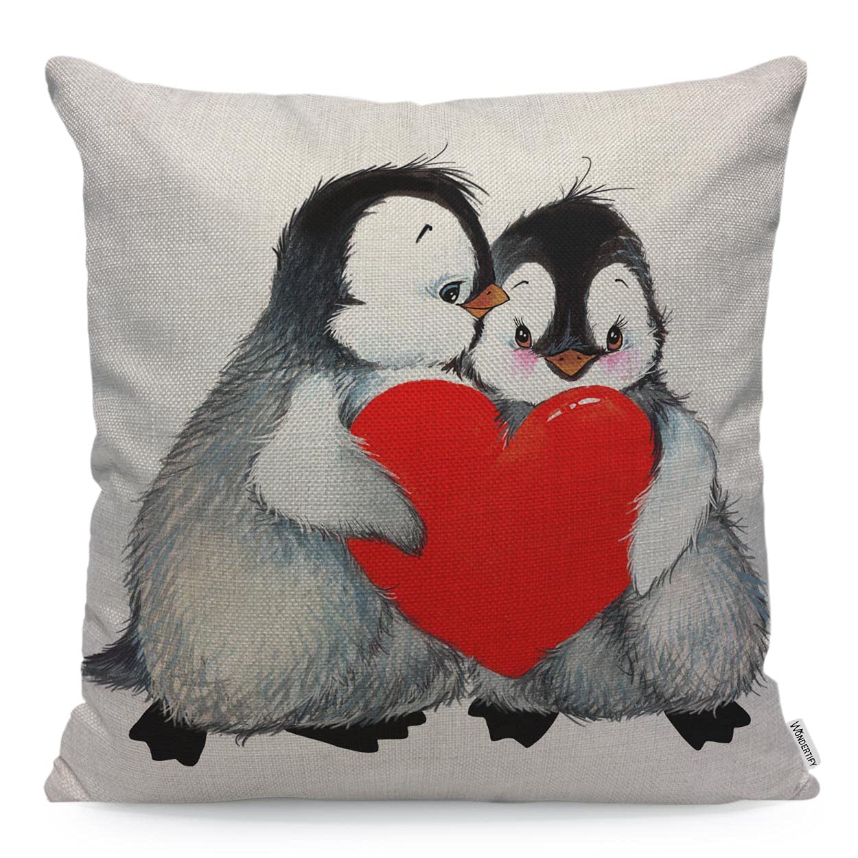 WONDERTIFY Penguin Cushion Cover Cute Animal Penguins Holding Red Heart Love Valentine's Day Decorative Throw Pillow Covers For Couch, Bed Sofa Pillows Case 45X45 Cm