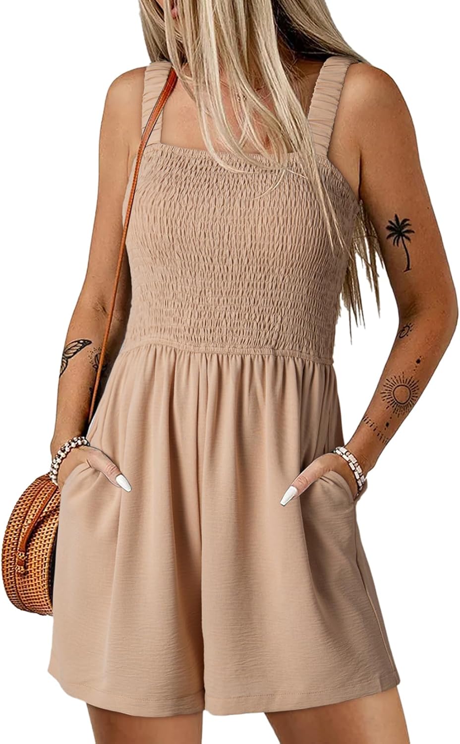 Dokotoo Women's Summer Casual Smocked Rompers Square Neck Sleeveless Loose Shorts Jumpsuits 2026 Beach Vacation Outfits