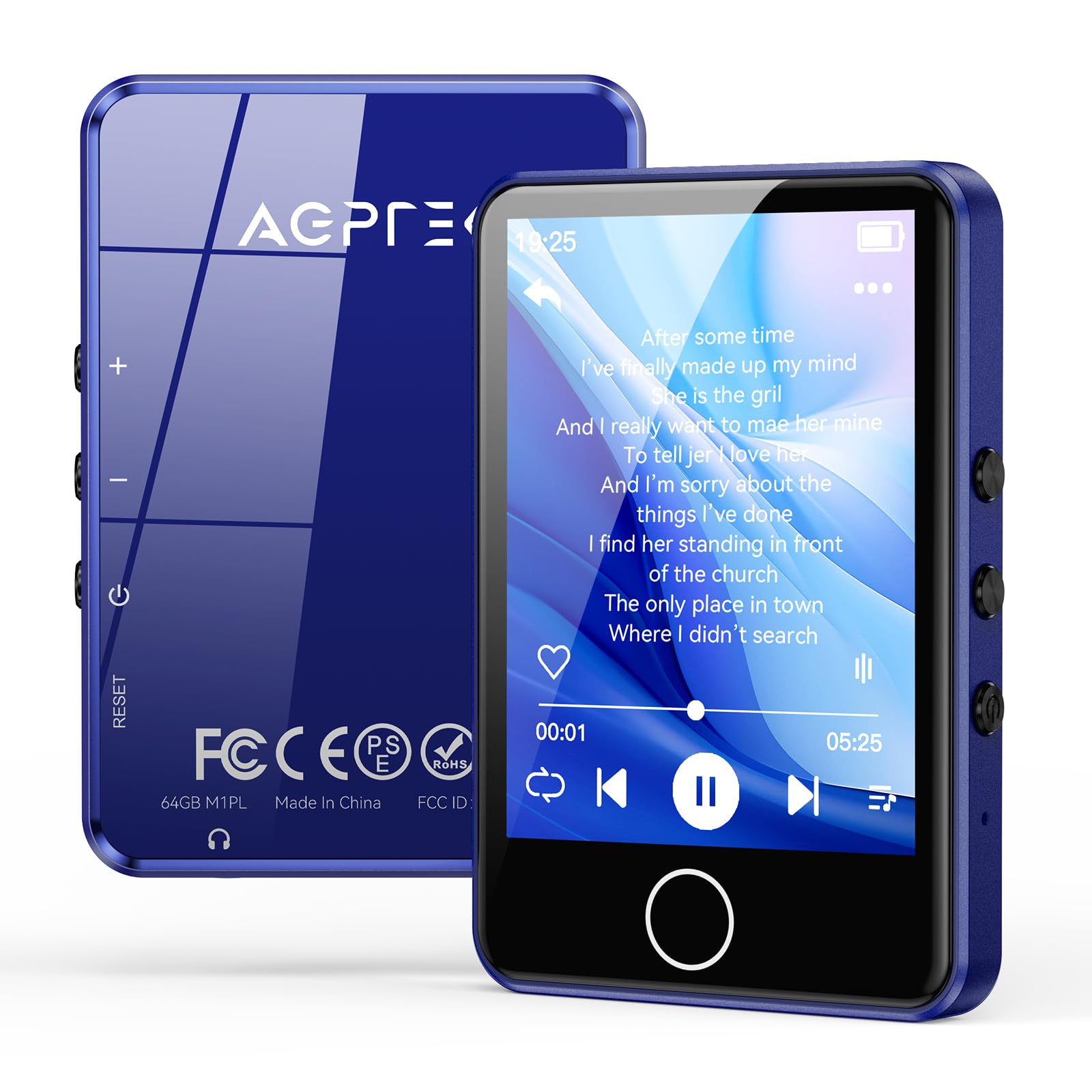 AGPTEK 64Go MP3 Bluetooth 5.3, Baladeur Numérique 2.8" Tactile Lecteur Musique HiFi avec Haut-Parleur/Radio FM/Enregistreur, Externe Jusqu'à 128Go, Incluse Protection en Silicone et Écouteurs, Bleu